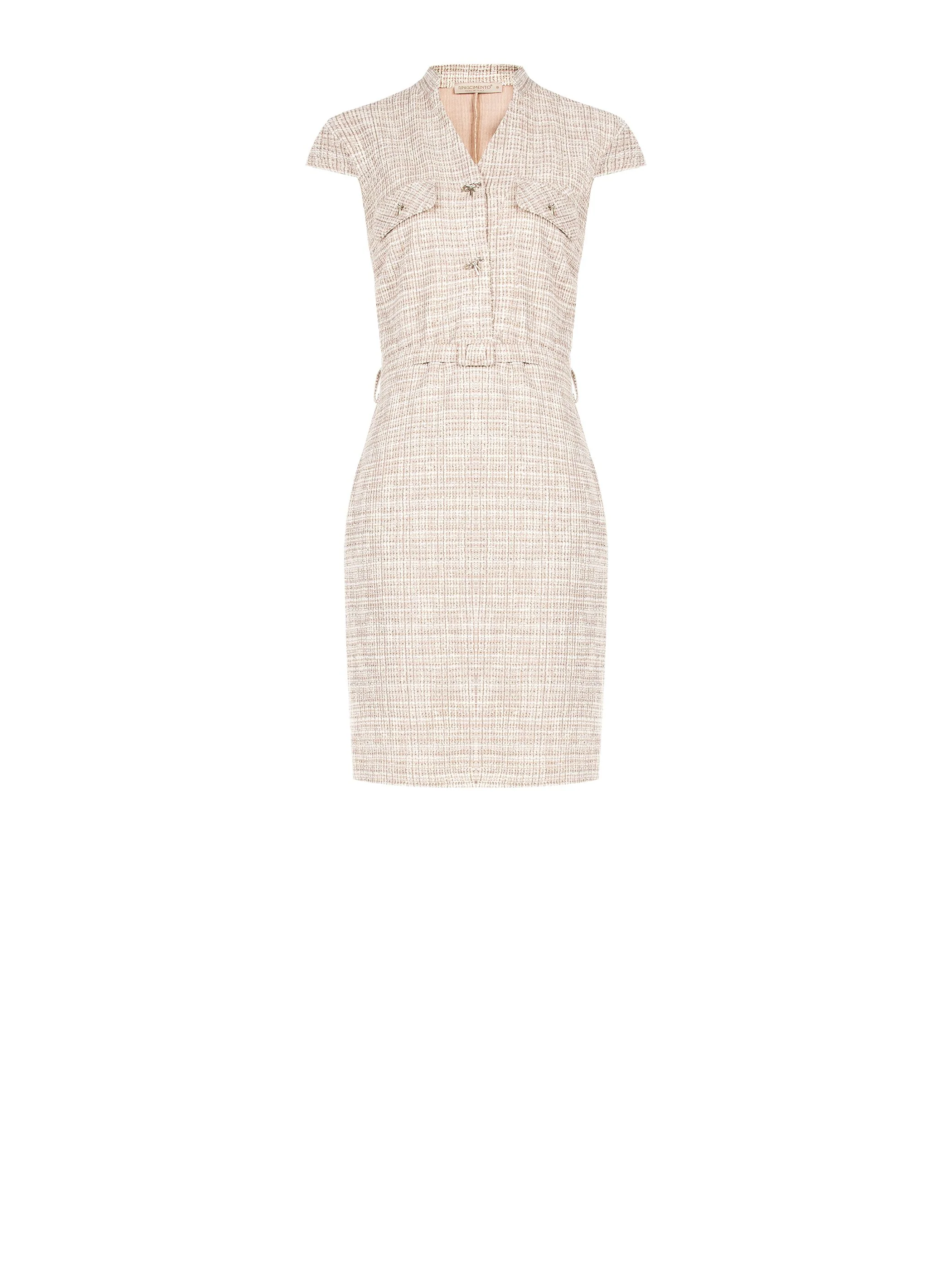 Abito a tubino beige chiaro in tweed con cintura - Image 5