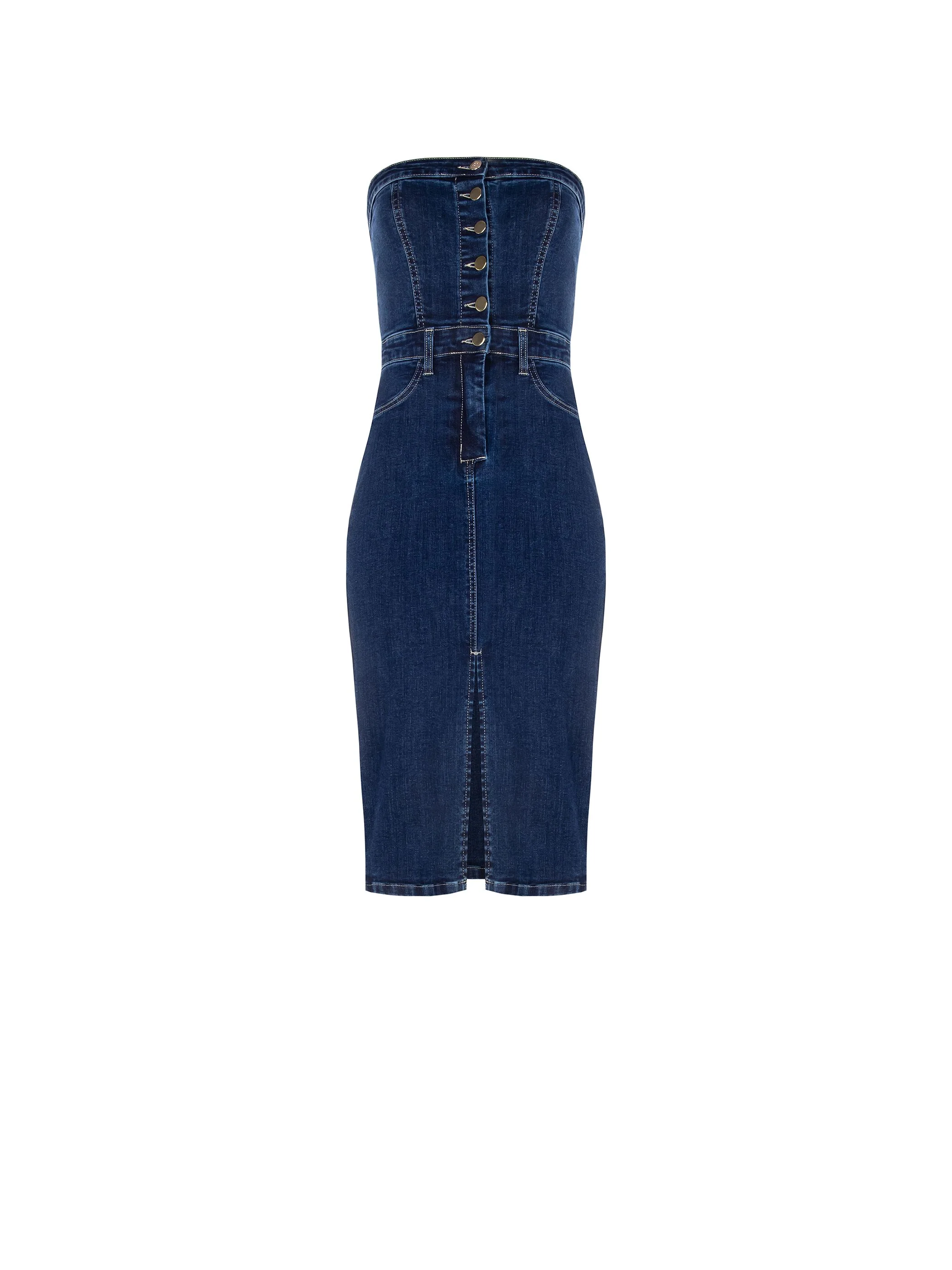 Abito a tubino in denim blu navy con bottoni dorati - Image 5