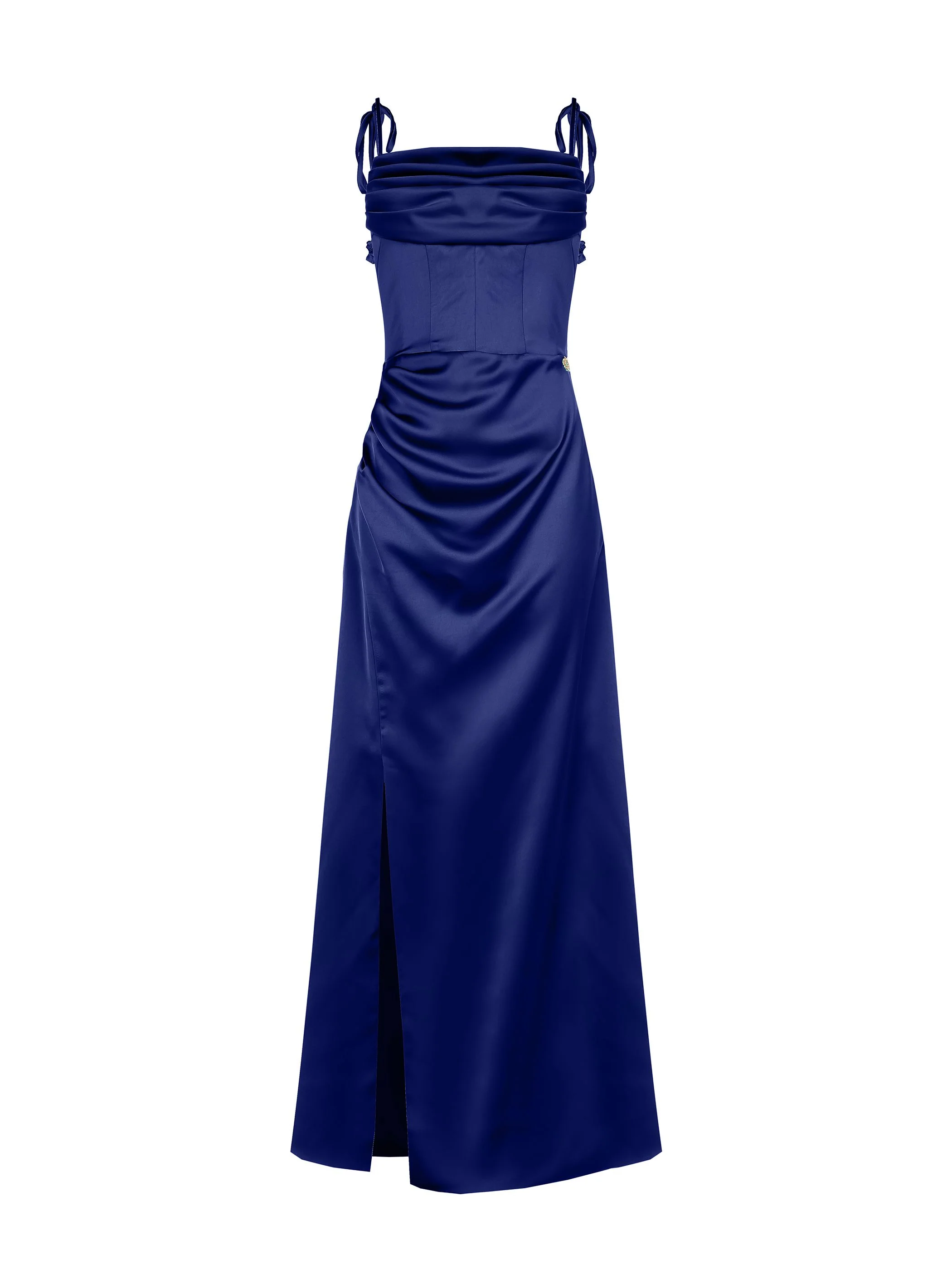 Abito atelier lungo blu indaco con corpetto drappeggiato - Image 5