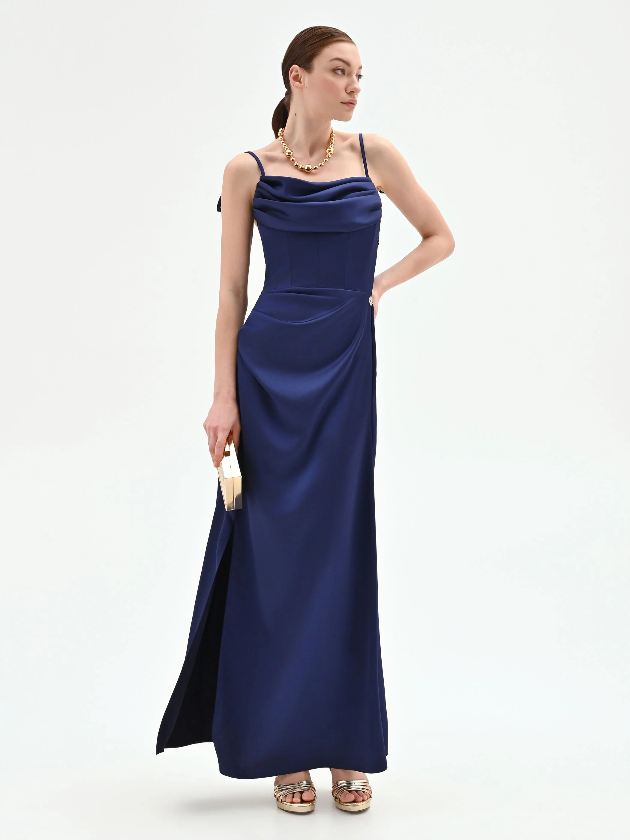 Abito atelier lungo blu indaco con corpetto drappeggiato - Image 6