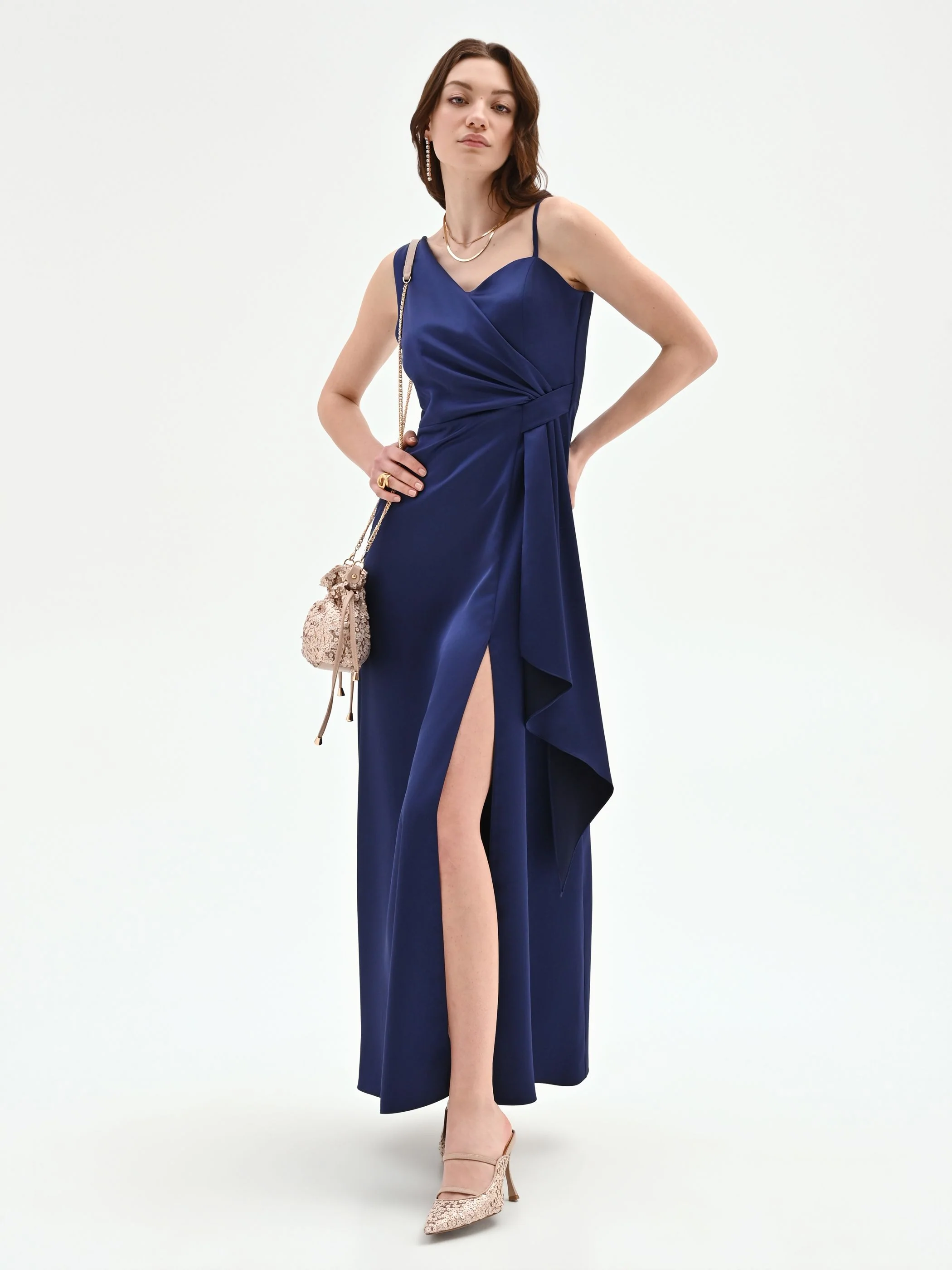 Abito atelier lungo blu indaco con nodo drappeggiato - Image 6