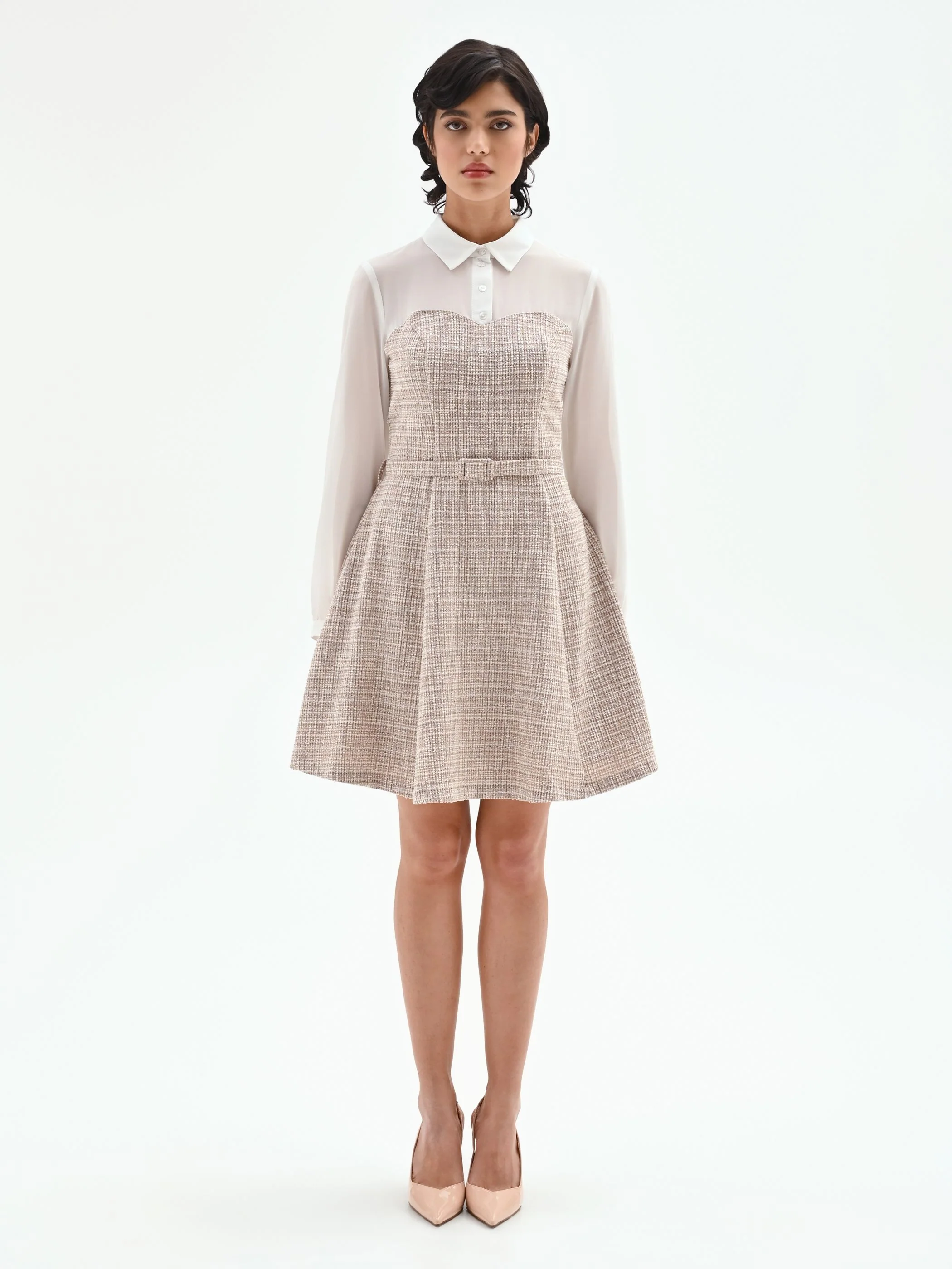 Abito corto combinato in tweed beige chiaro - Image 2