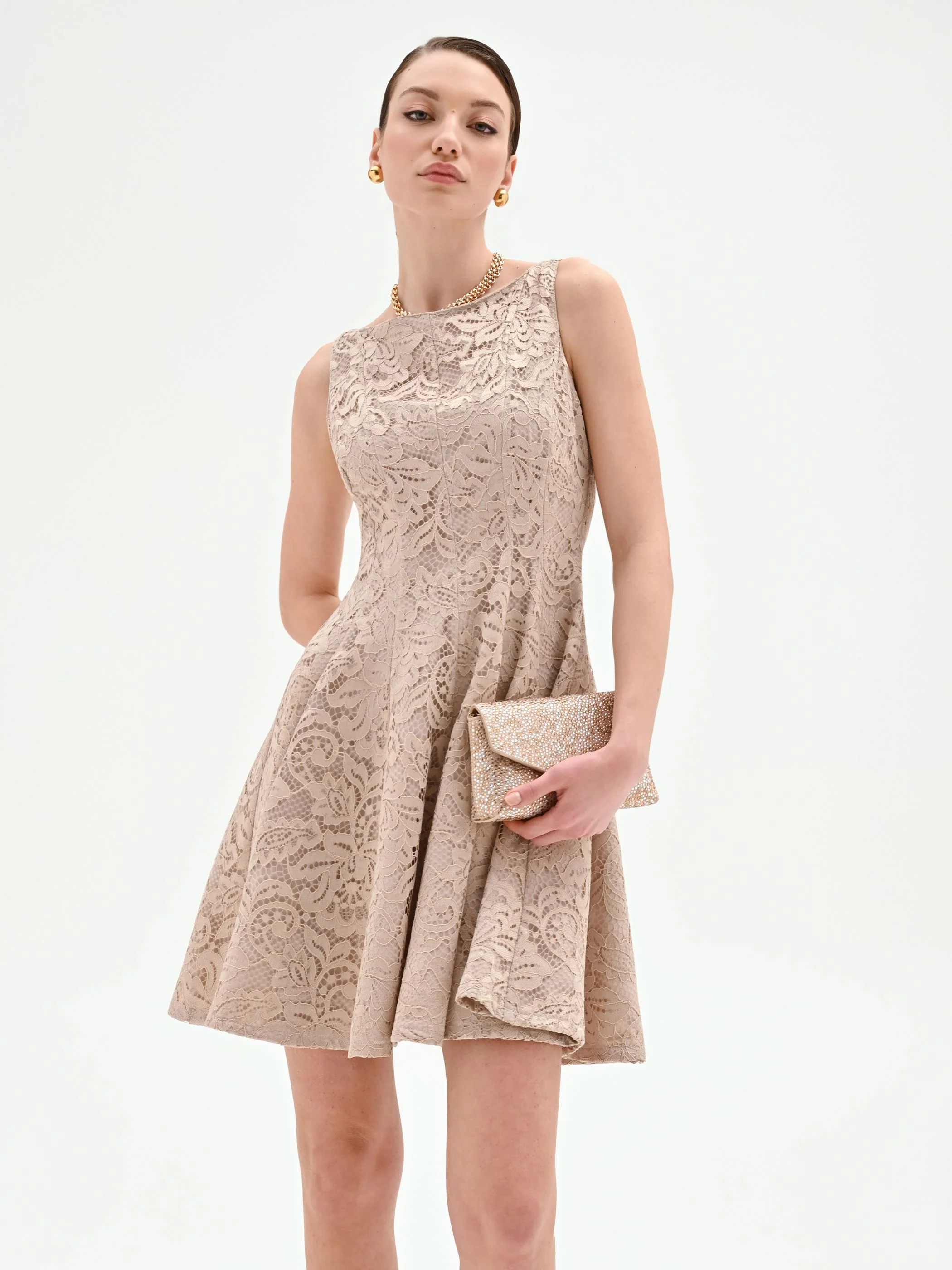 Abito corto in pizzo tortora beige - Image 5
