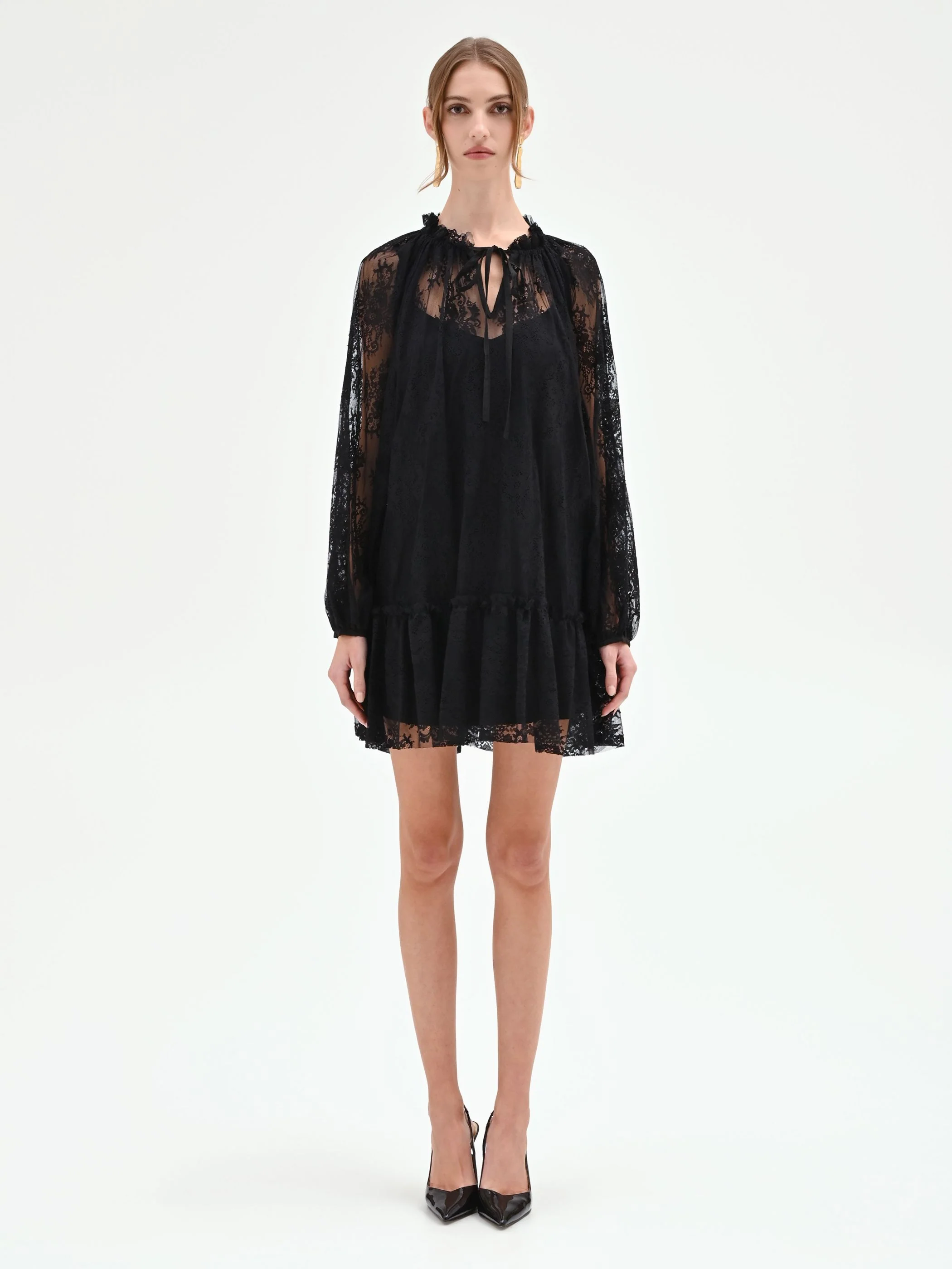 Abito corto nero in pizzo floreale - Image 5
