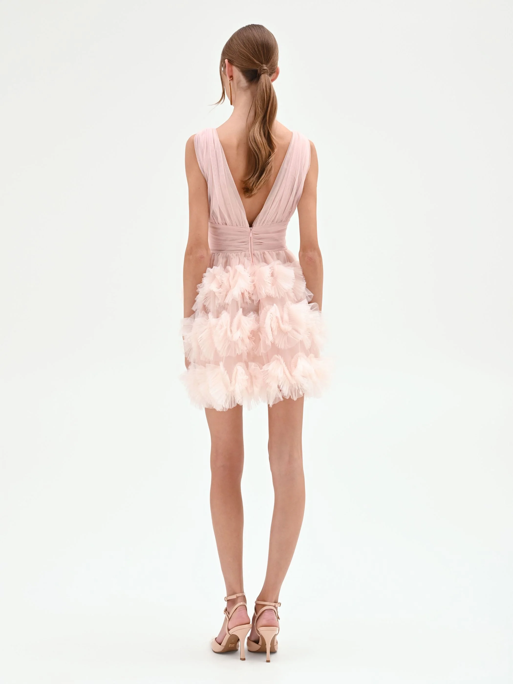 Abito corto rosa cipria con gonna in tulle - Image 3