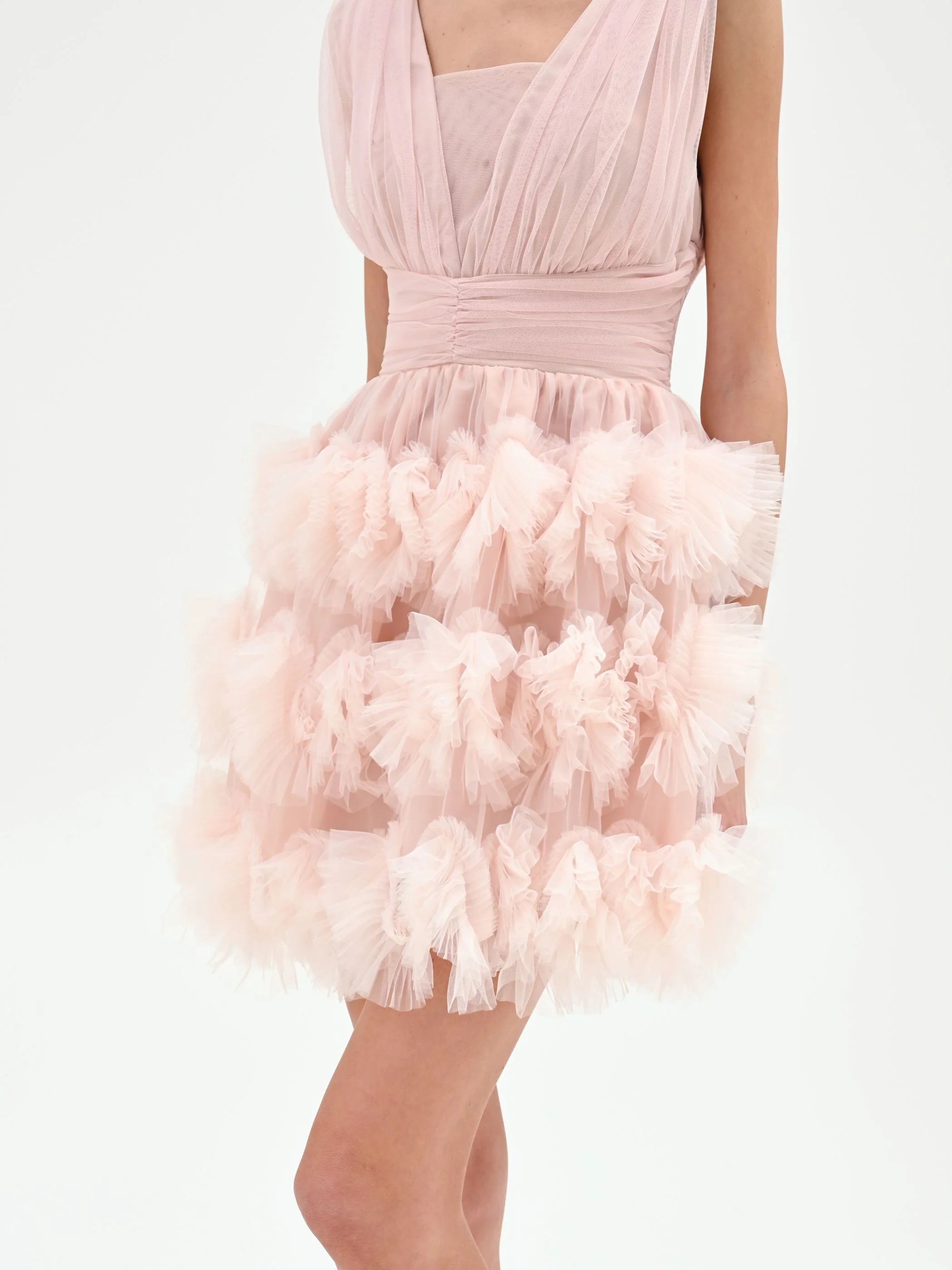 Abito corto rosa cipria con gonna in tulle - Image 4