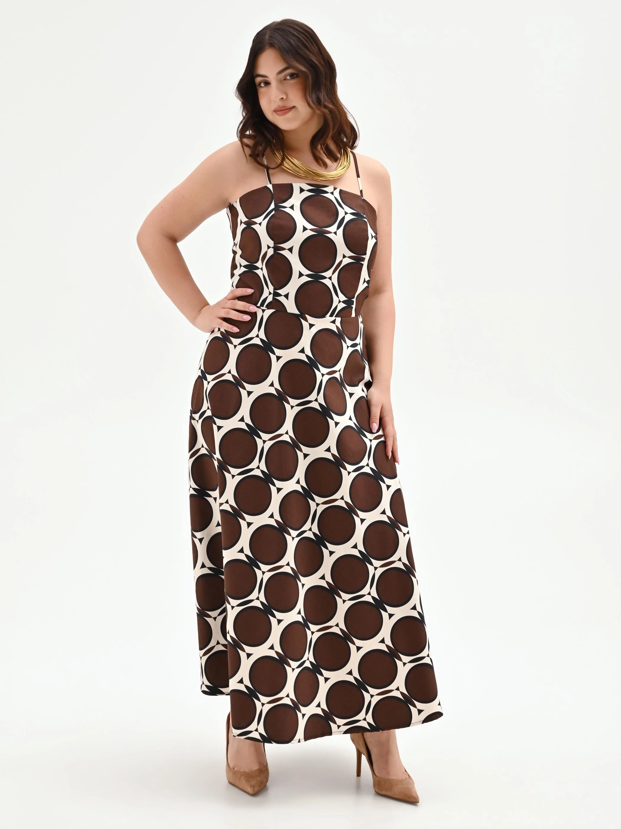 Abito Curvy lungo cioccolato con fantasia geometrica - Image 4