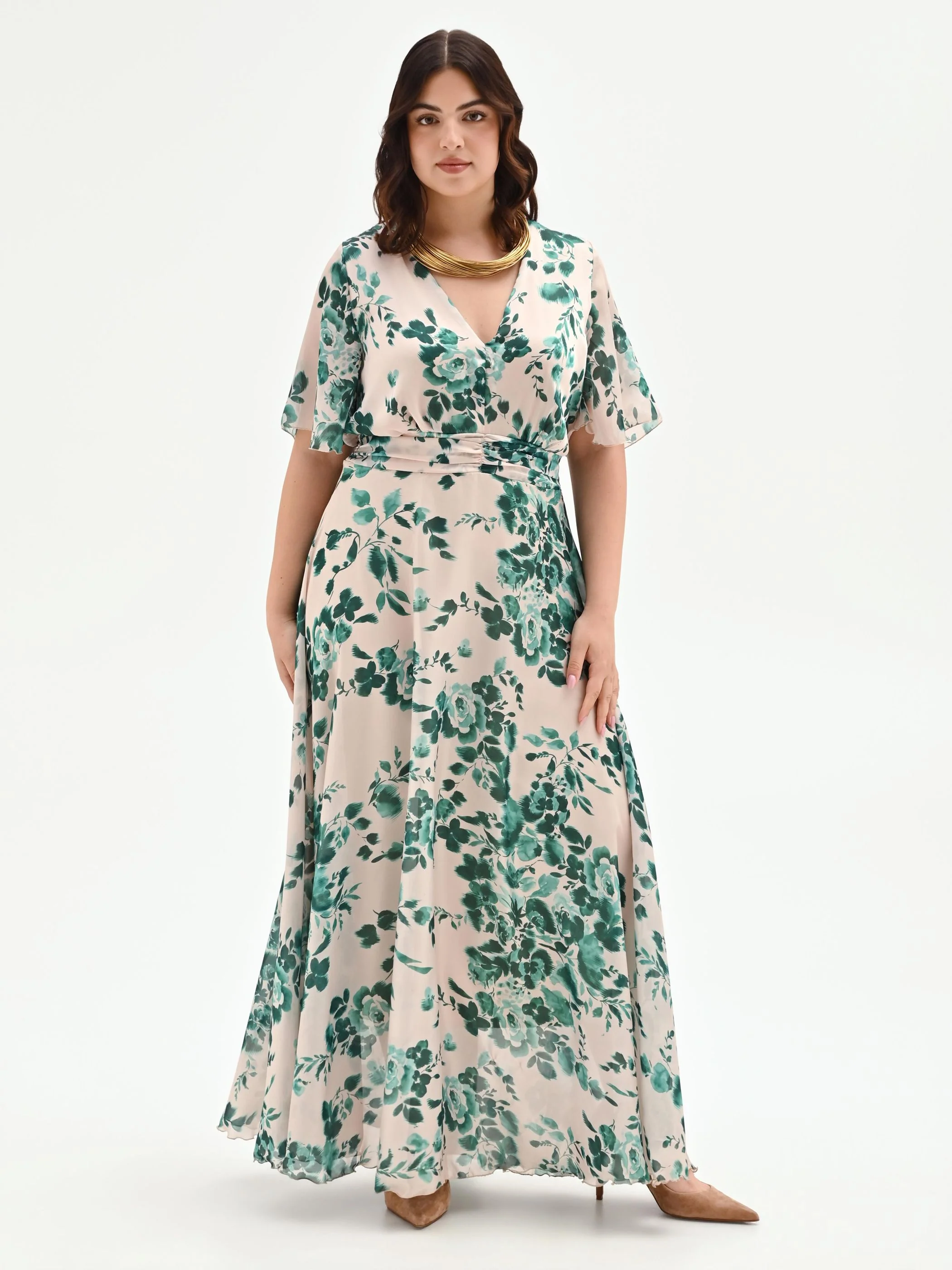 Abito Curvy lungo verde con stampa floreale - Image 4