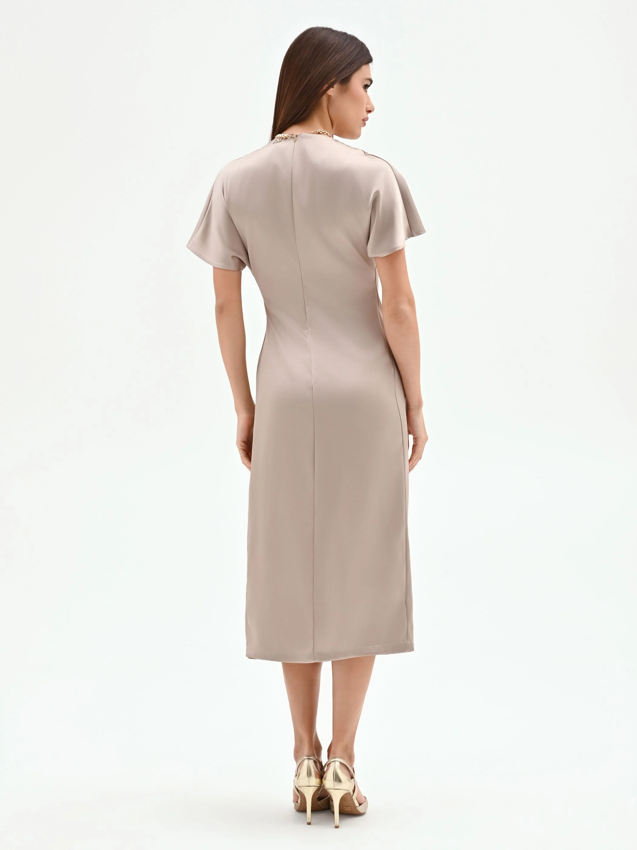 Abito in raso tortora beige con nodo laterale - Image 2