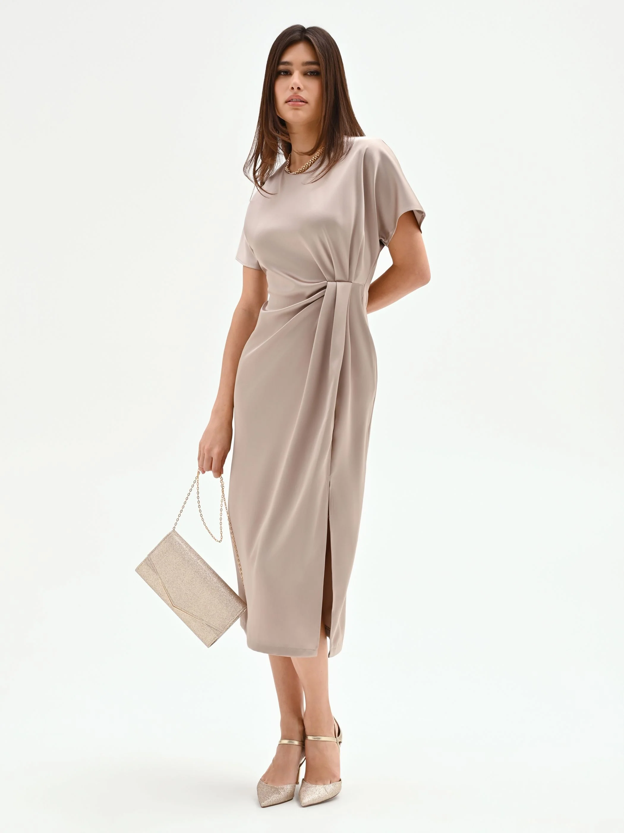 Abito in raso tortora beige con nodo laterale - Image 6