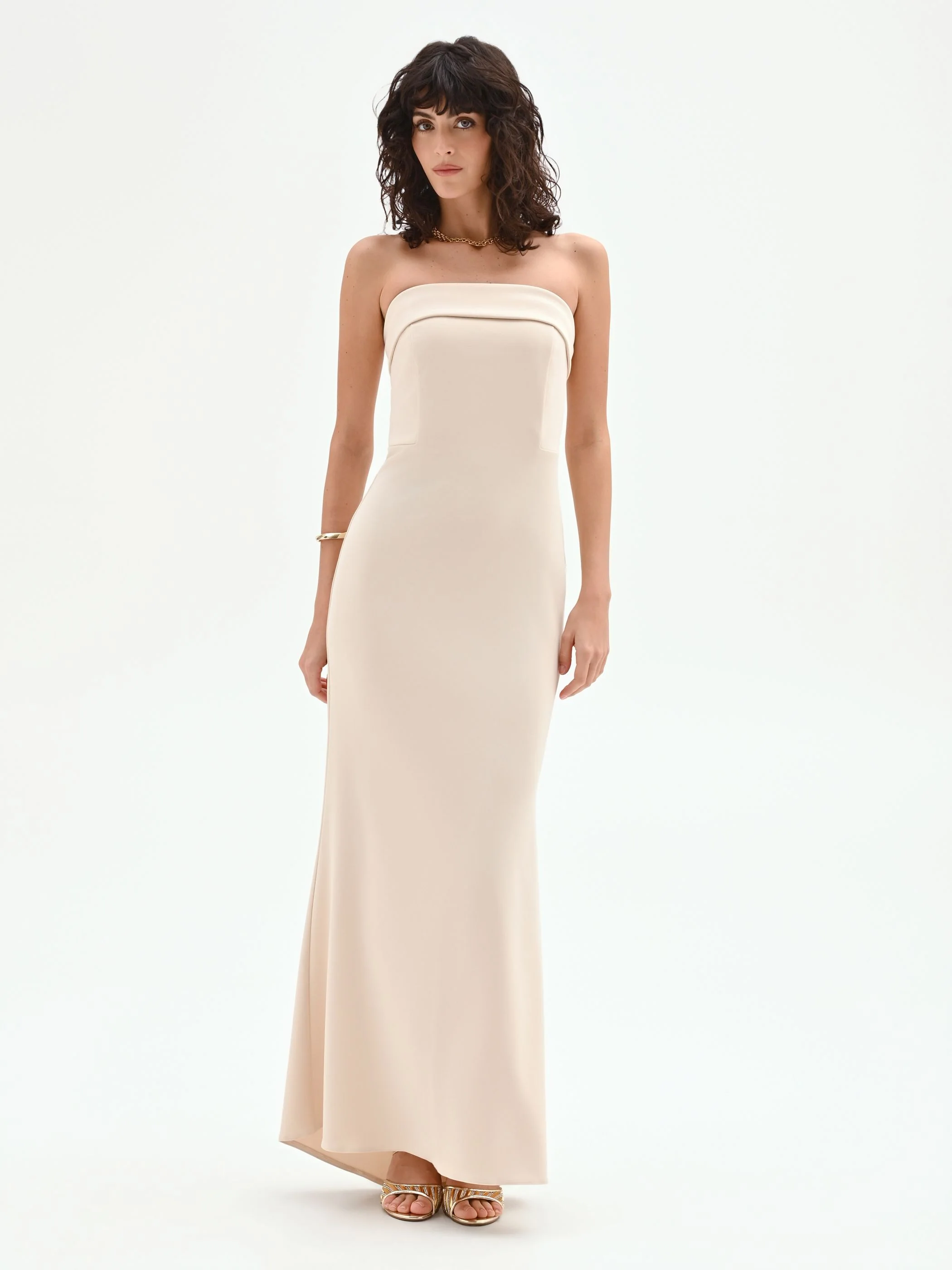 Abito lungo a colonna beige chiaro senza spalline - Image 4
