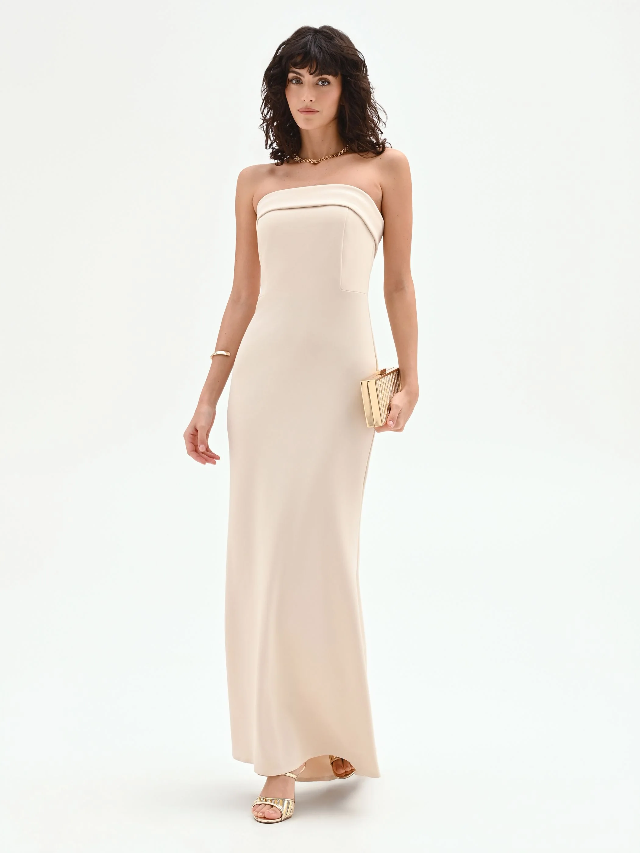 Abito lungo a colonna beige chiaro senza spalline - Image 5