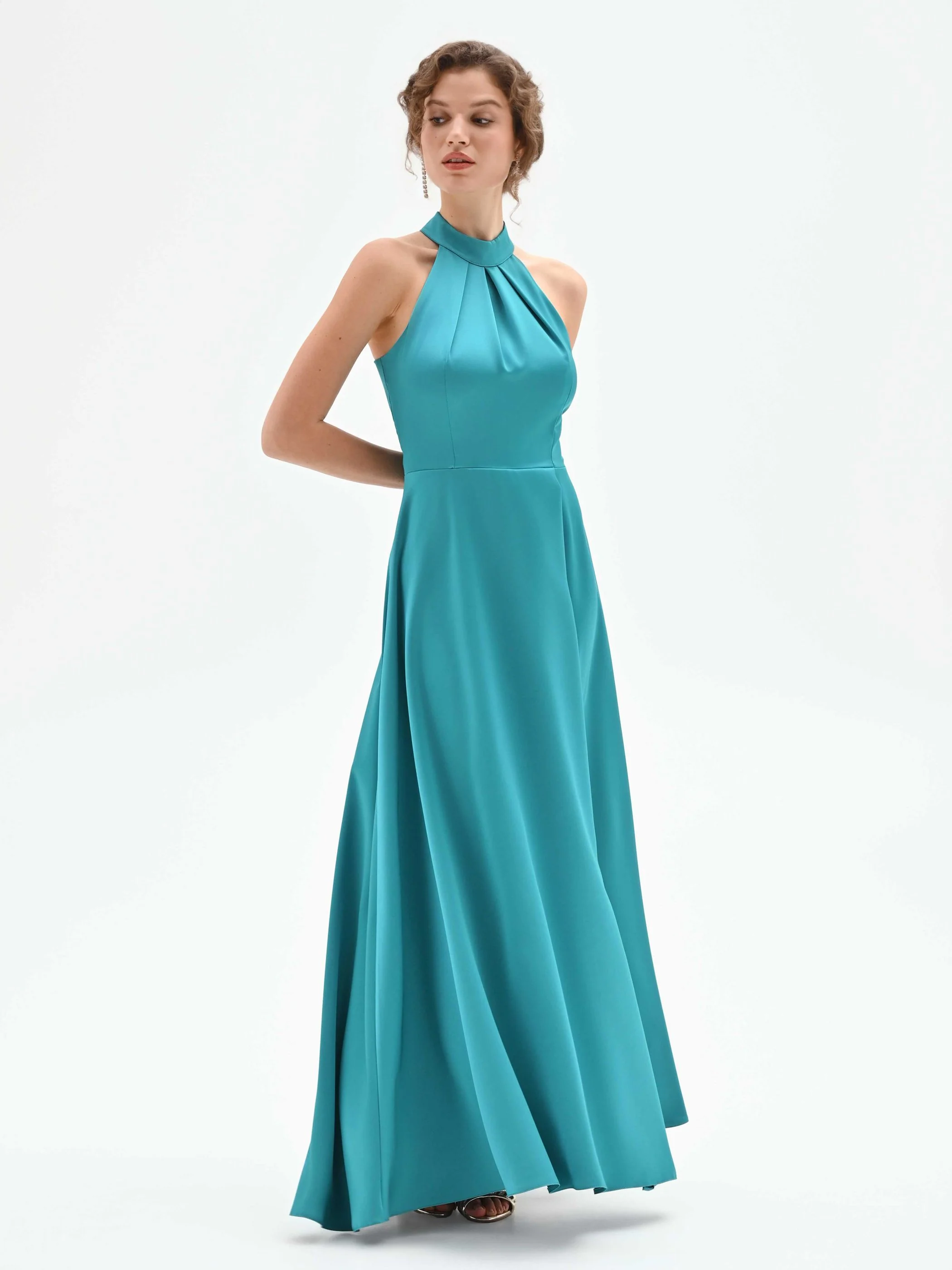 Abito lungo atelier verde smeraldo in raso con scollo all'americana - Image 4