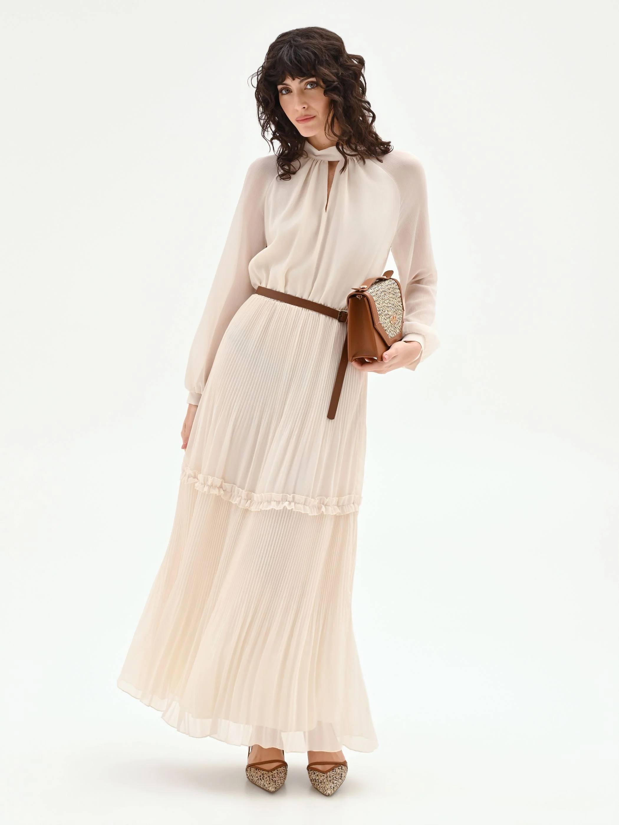Abito lungo bianco in georgette plissé - Image 6
