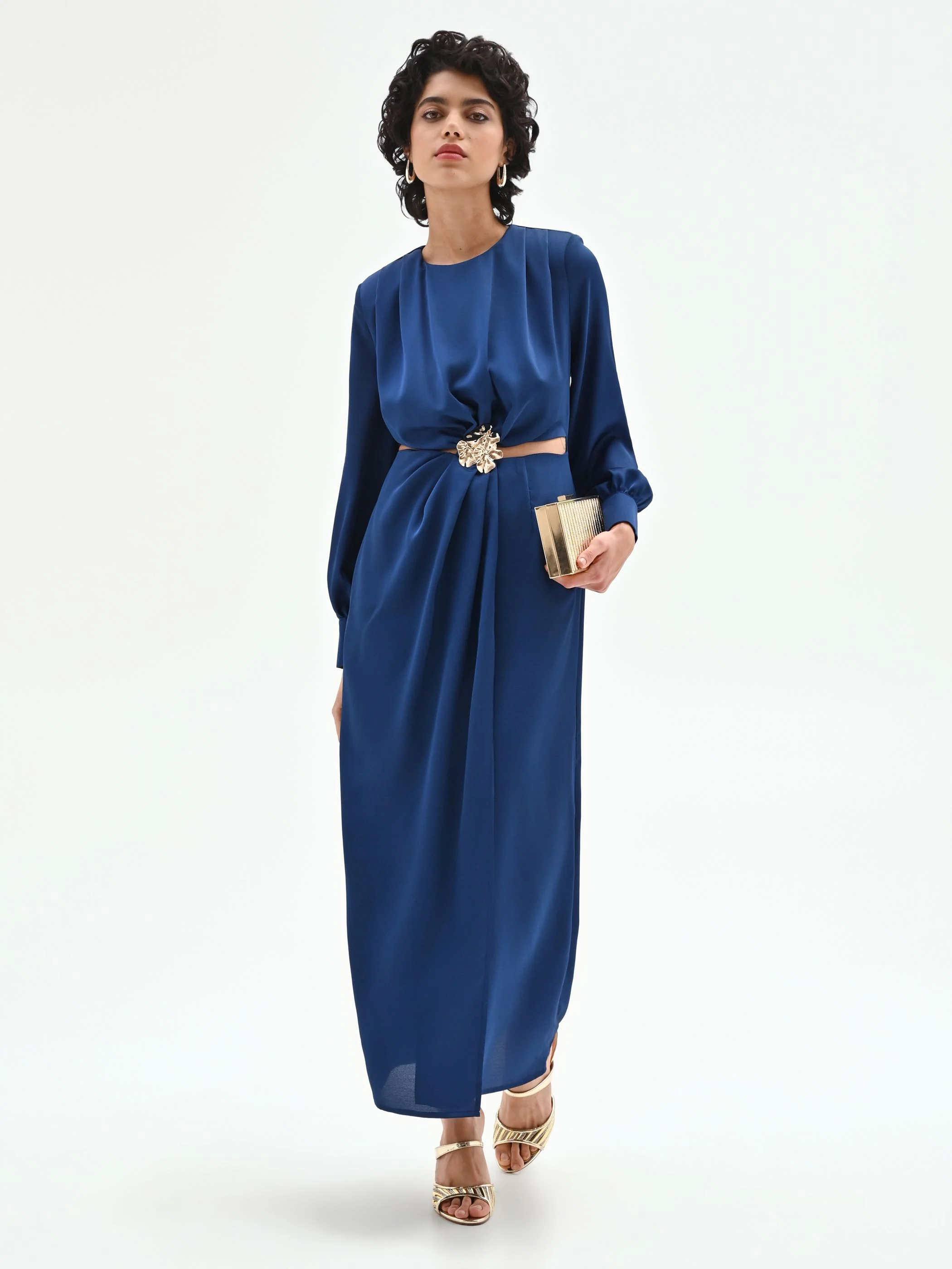Abito lungo blu brillante con cut-out e applicazione gioiello - Image 6