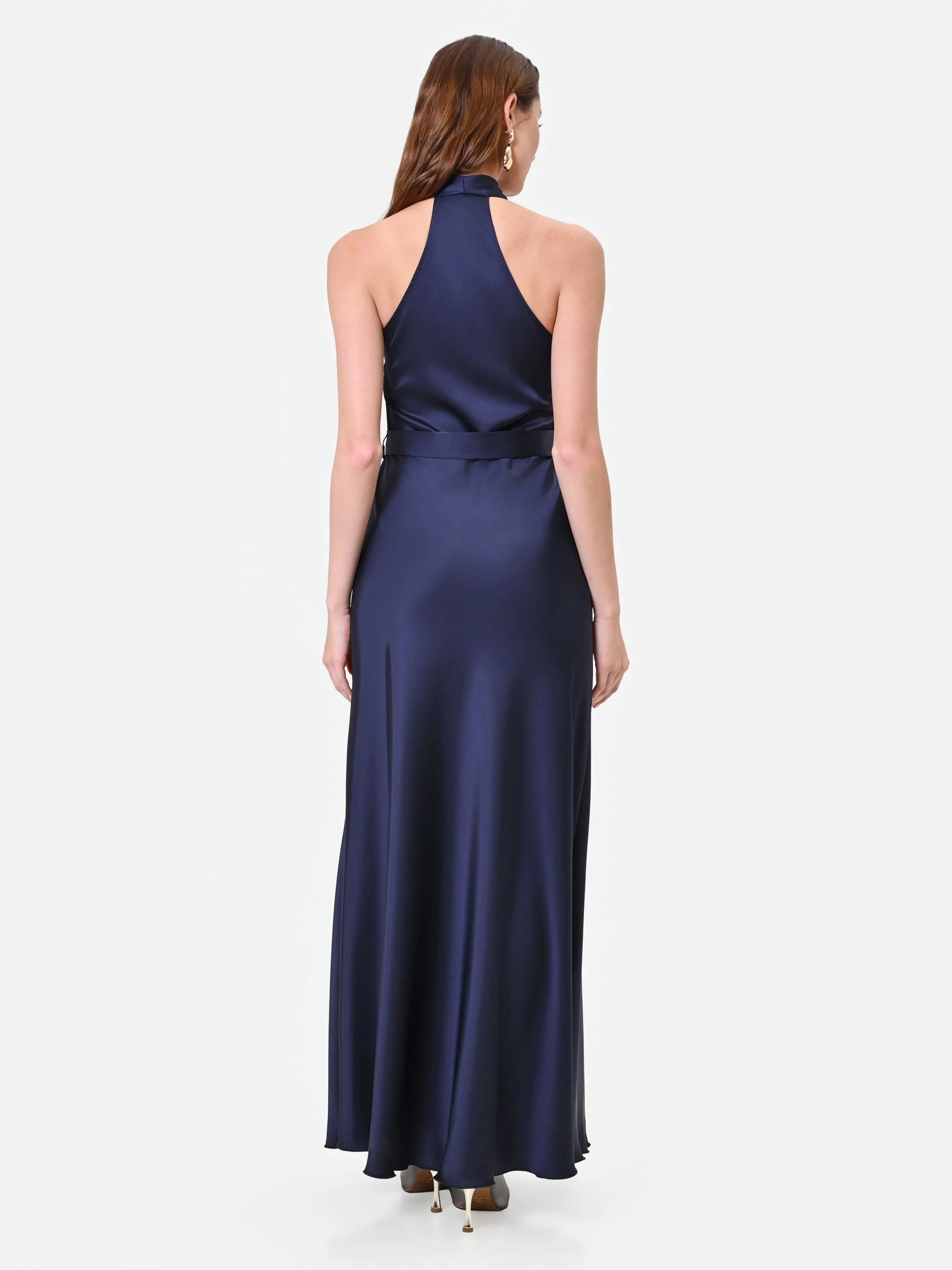 Abito lungo blu navy con scollo all'americana drappeggiato - Image 2