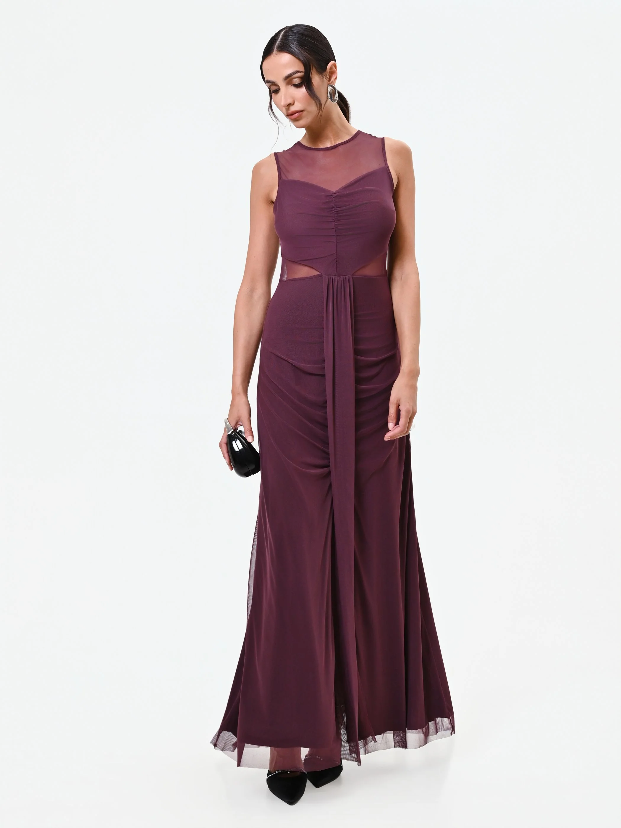 Abito lungo bordeaux rosso con corpino drappeggiato e tulle - Image 5