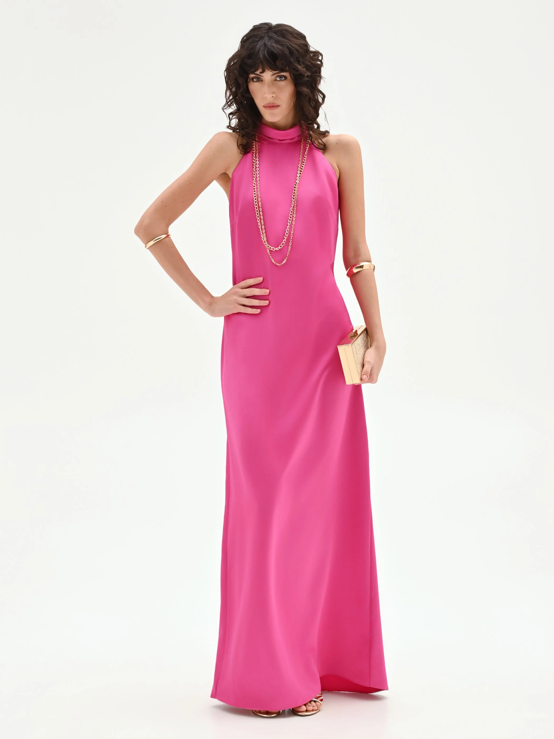 Abito lungo fuxia con scollo all'americana - Image 7