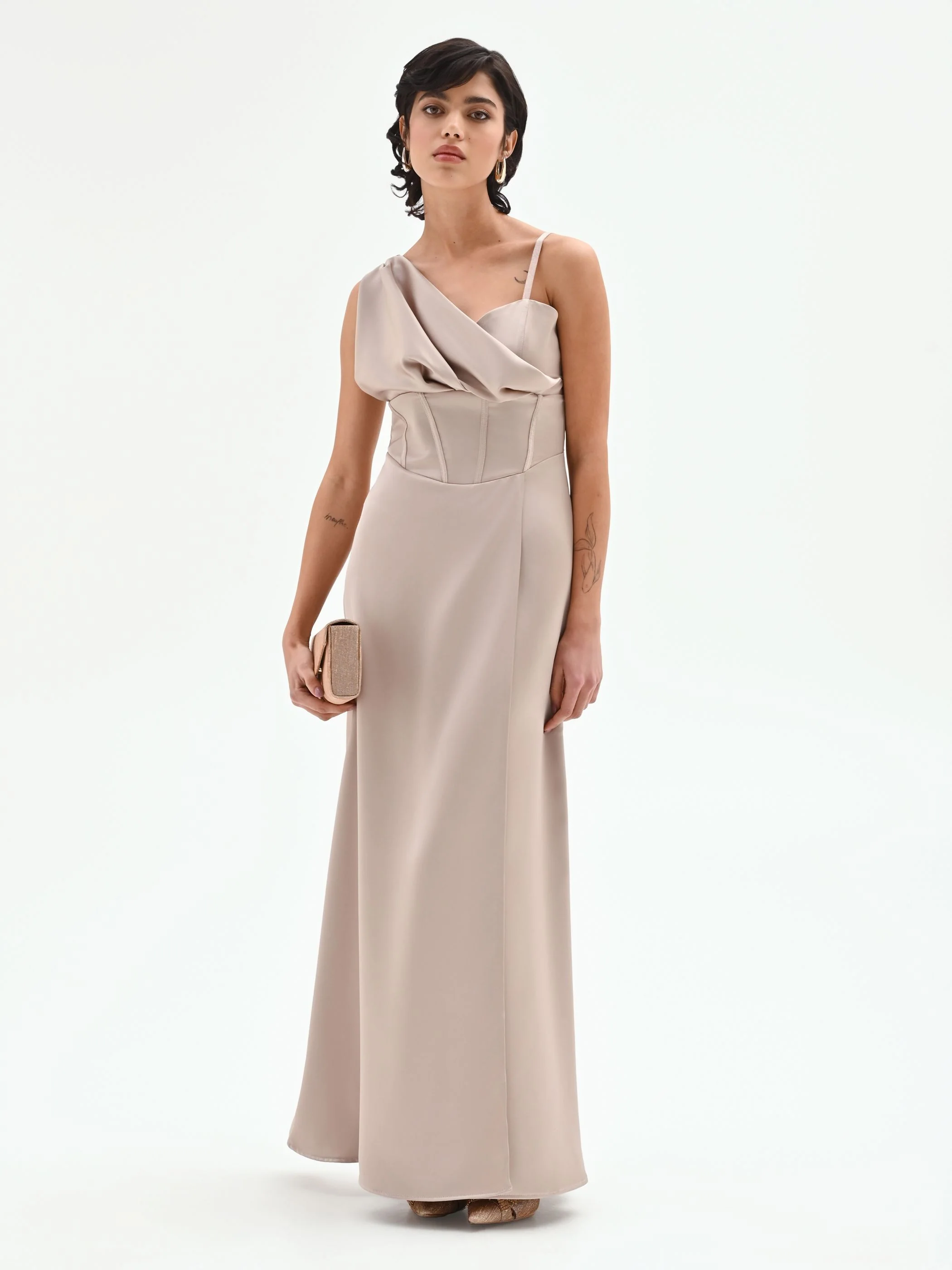 Abito lungo in raso tortora beige con corpetto - Image 6