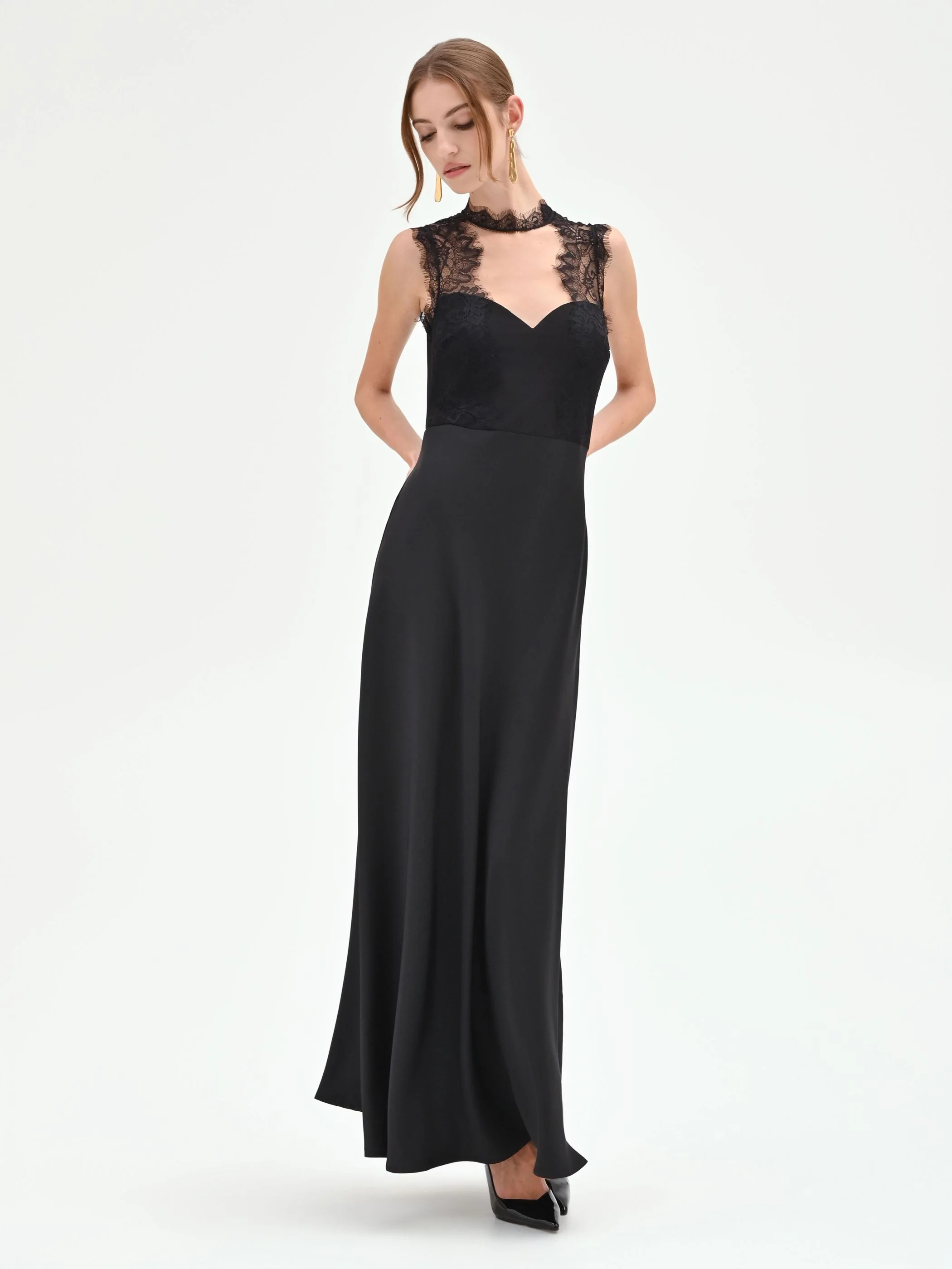 Abito lungo nero bustier in pizzo - Image 4