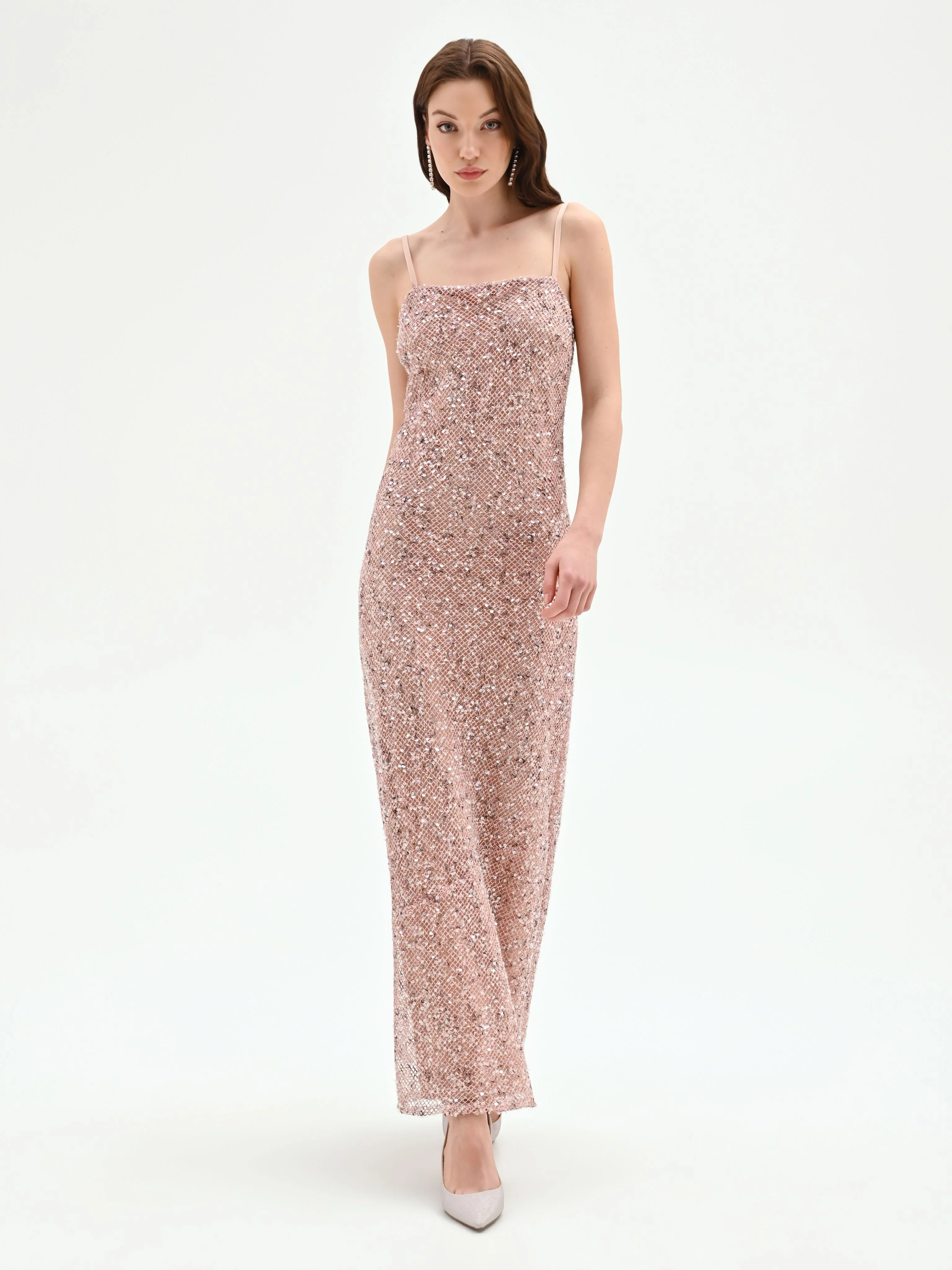 Abito lungo rosa pastello con paillettes - Image 3