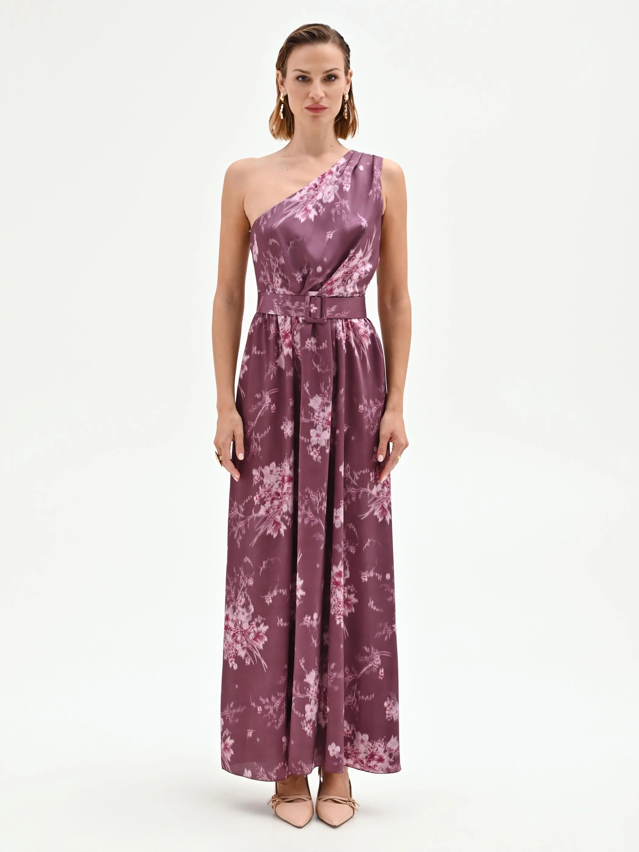 Abito lungo rosso bordeaux con stampa floreale
