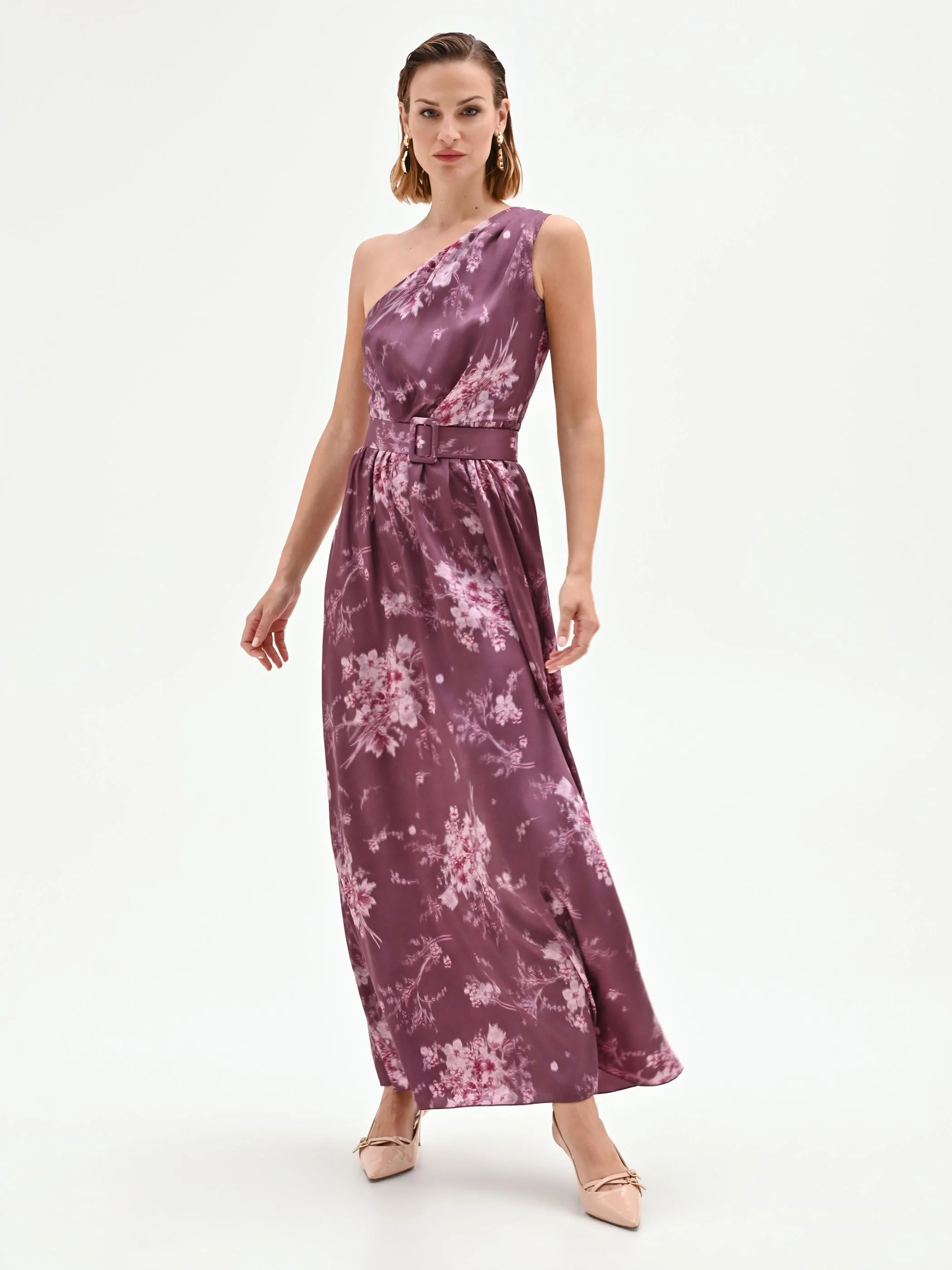 Abito lungo rosso bordeaux con stampa floreale - Image 4