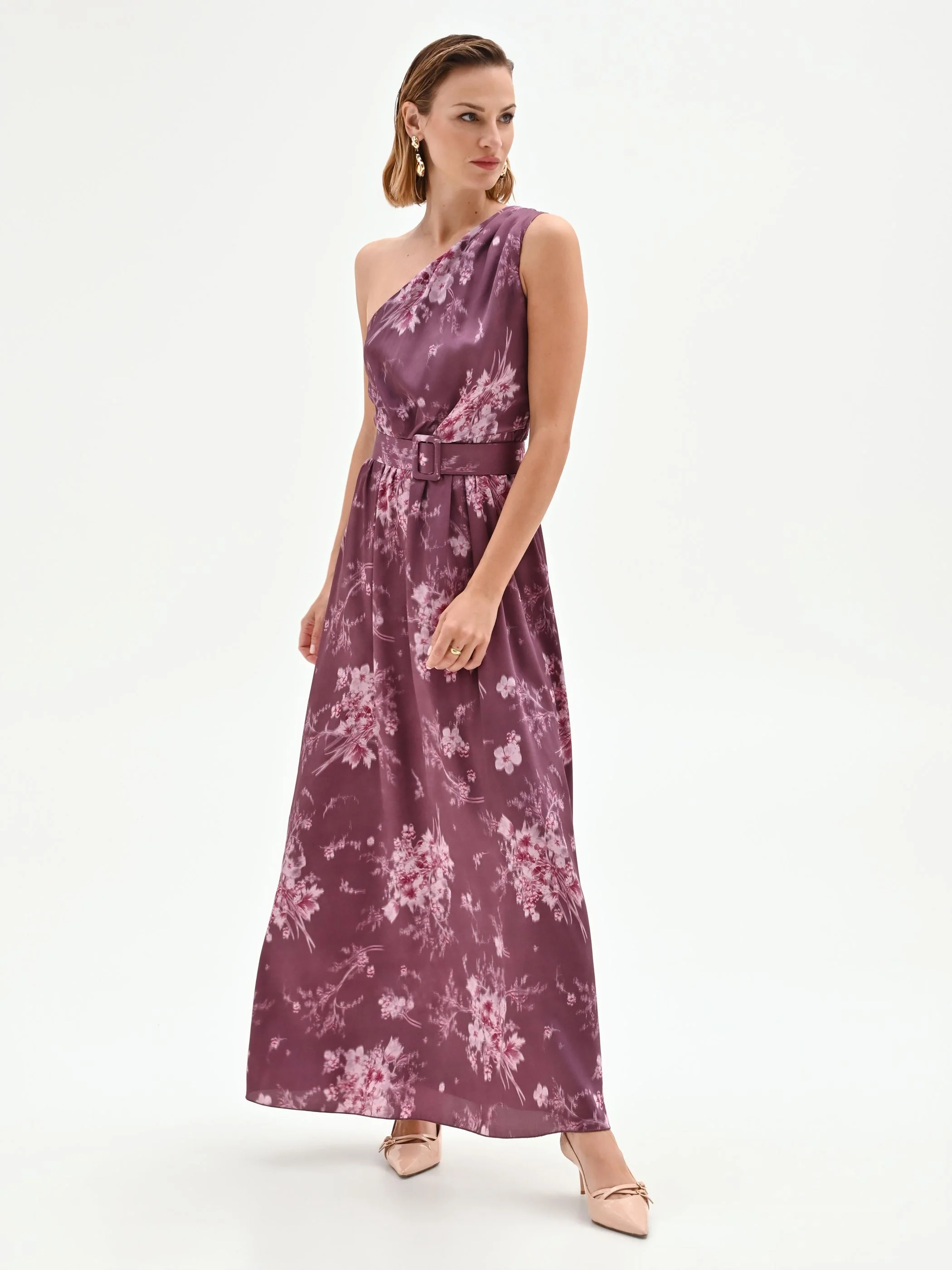 Abito lungo rosso bordeaux con stampa floreale - Image 5