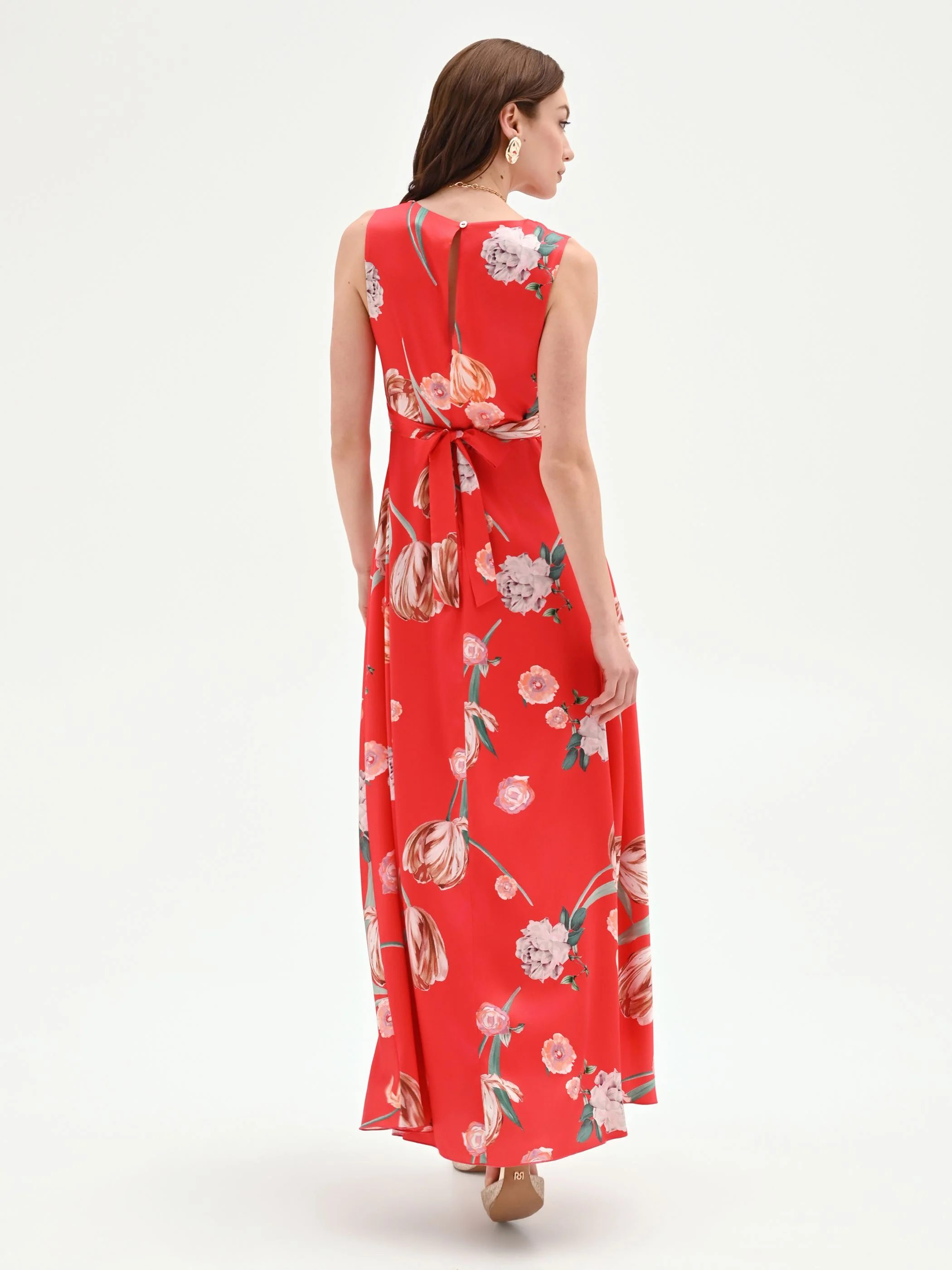 Abito lungo rosso fragola con stampa floreale - Image 2