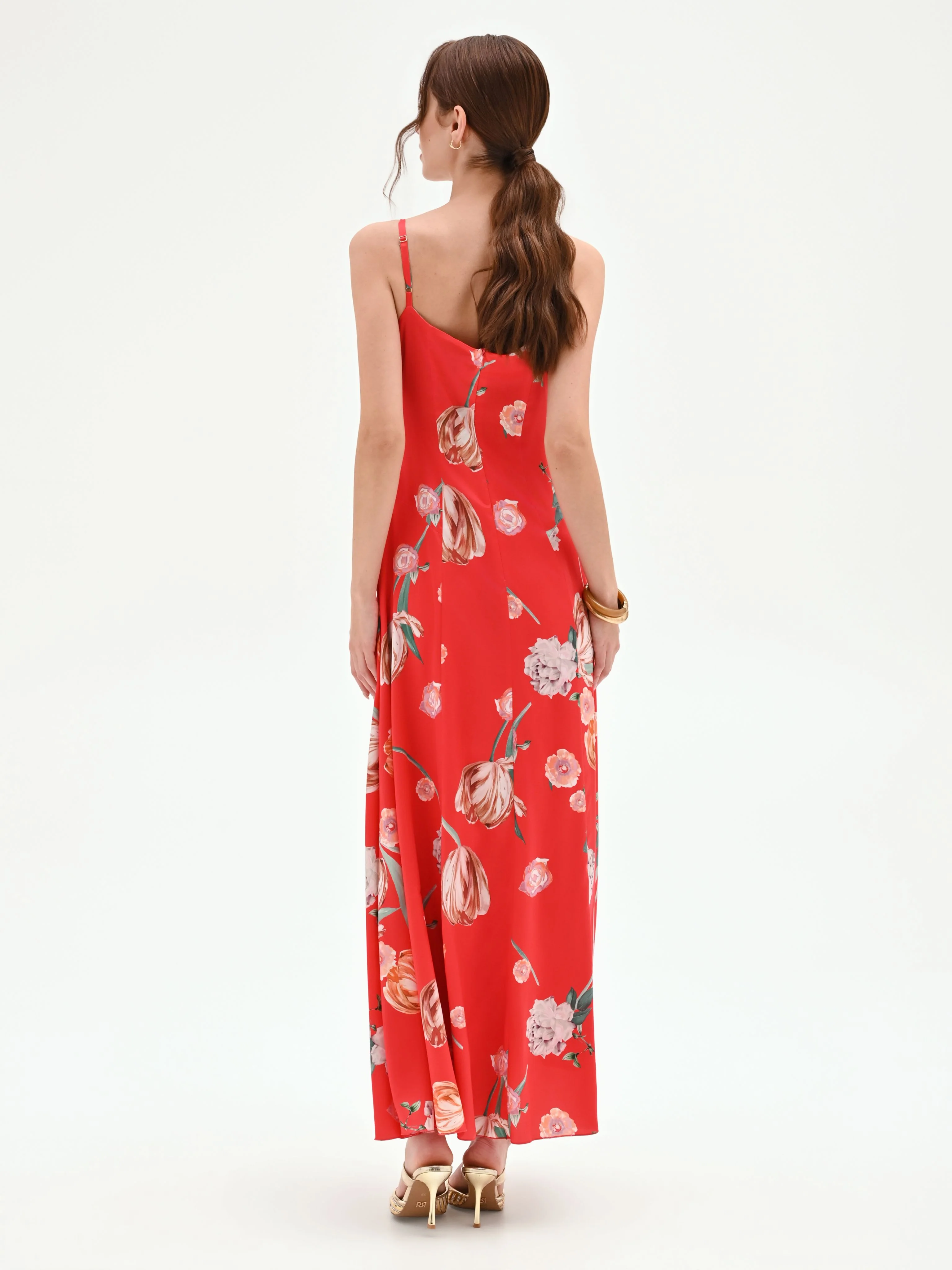 Abito lungo rosso fragola con stampa floreale - Image 2
