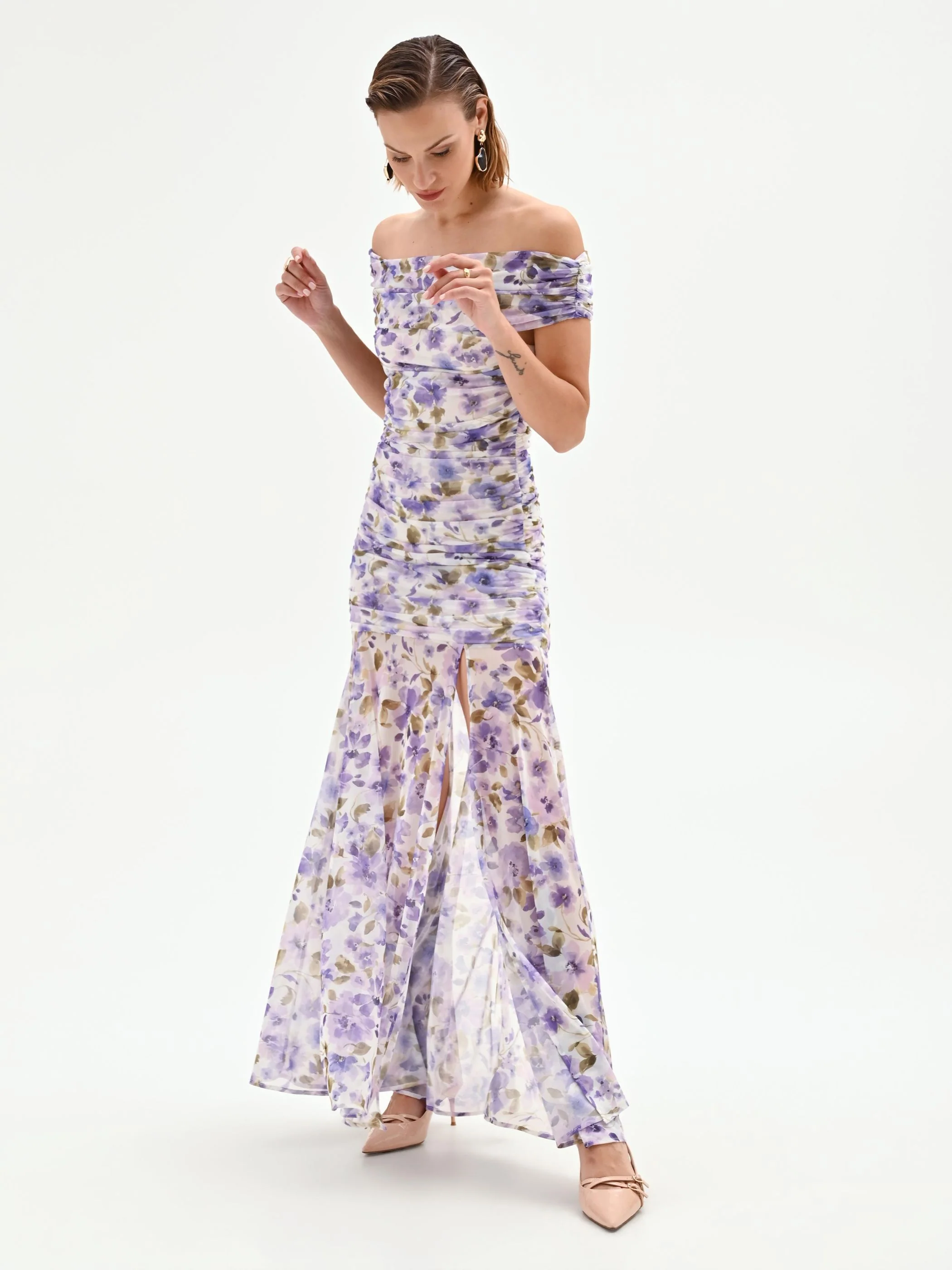 Abito lungo viola lilla con stampa floreale - Image 4