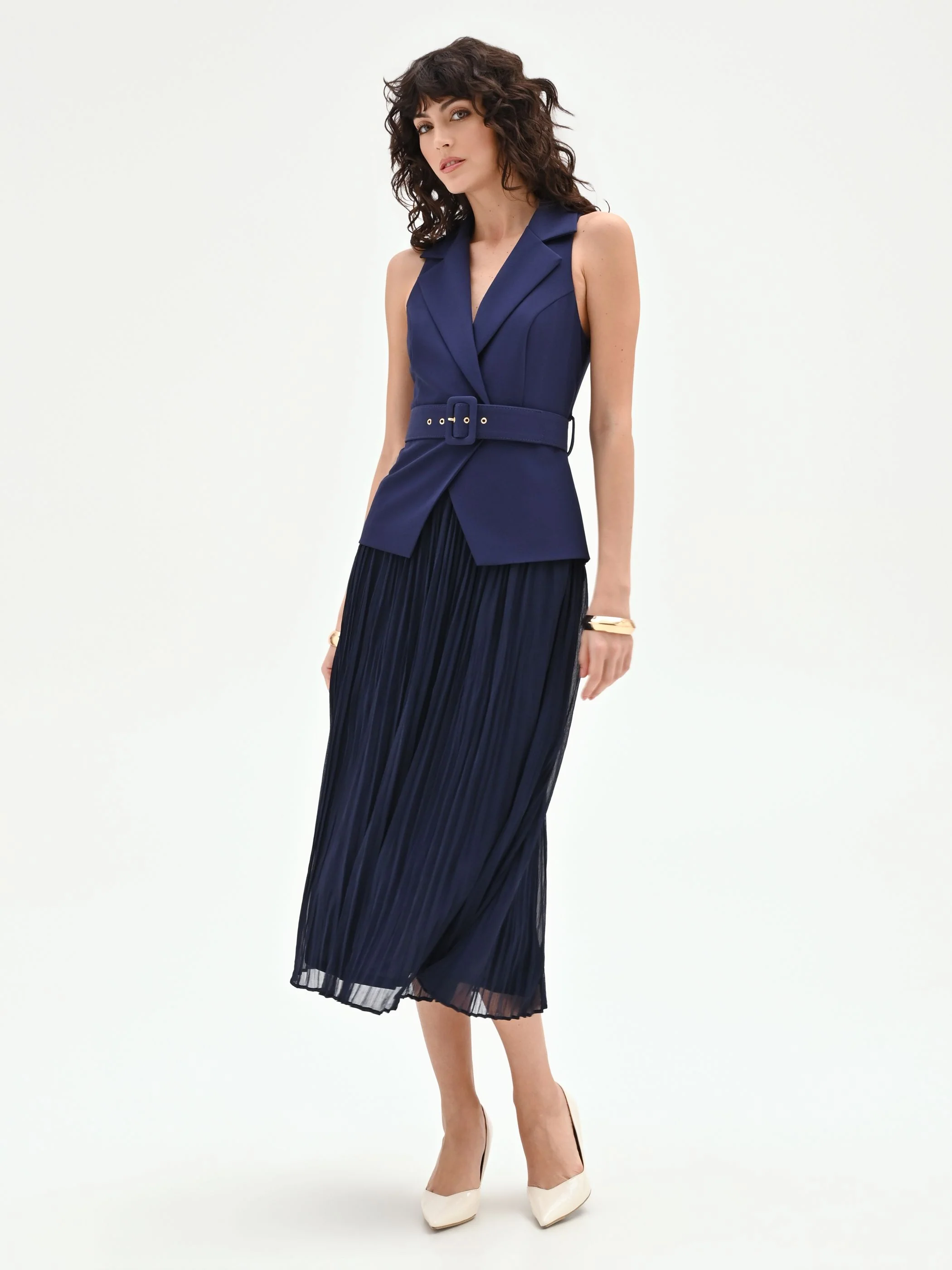 Abito midi blu navy con corpetto a gilet - Image 4