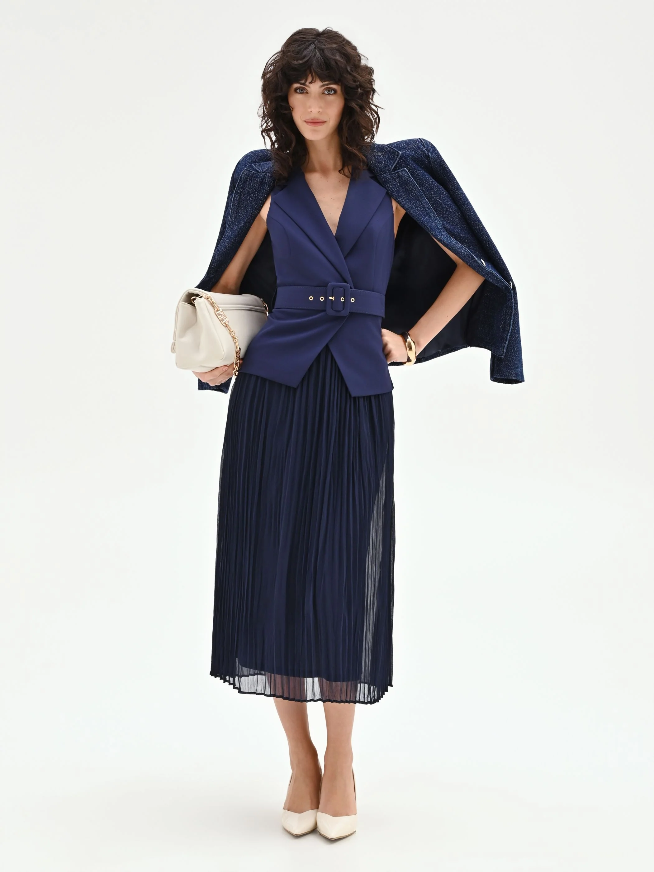 Abito midi blu navy con corpetto a gilet - Image 5