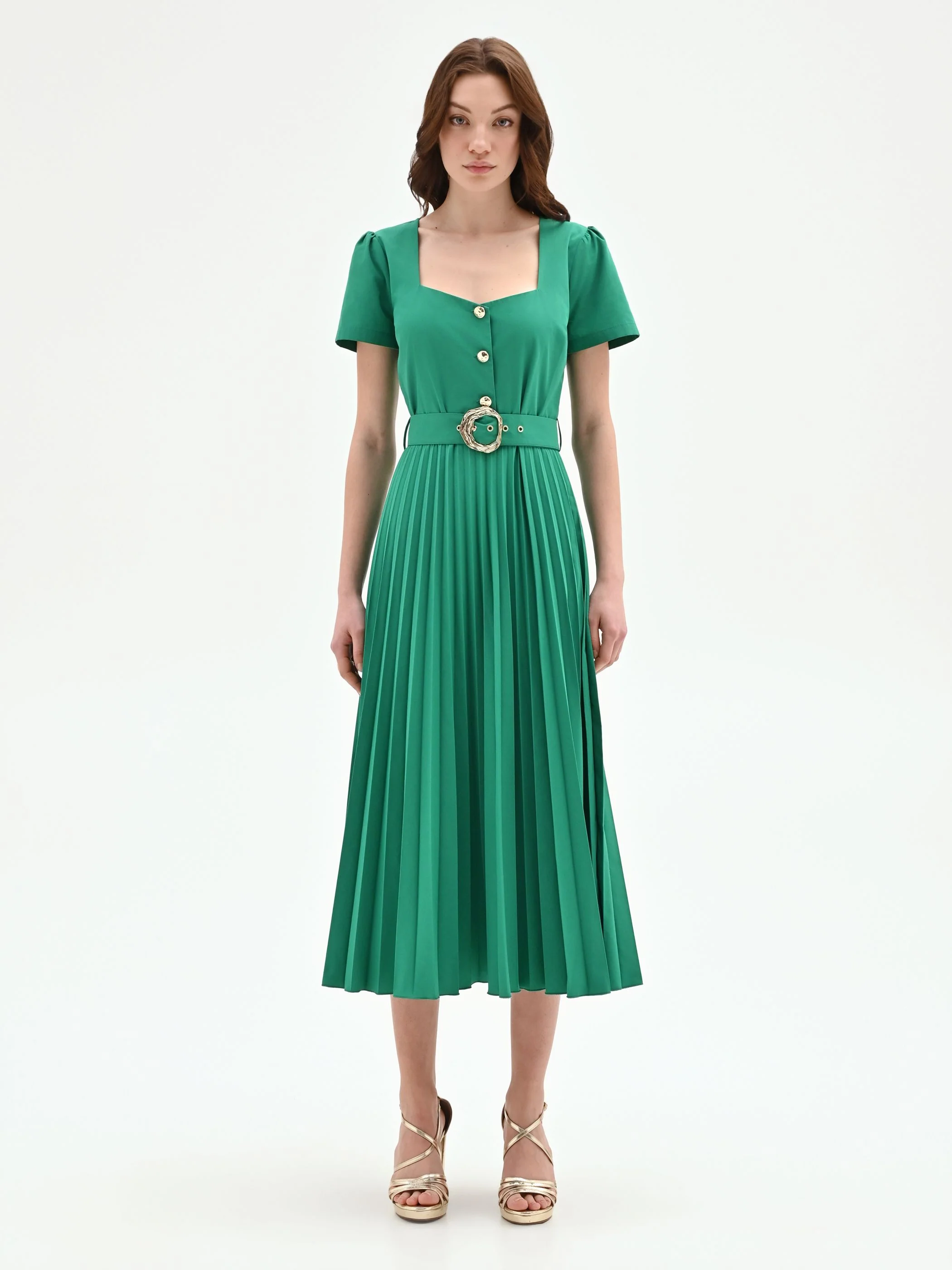 Abito midi verde con gonna plissé