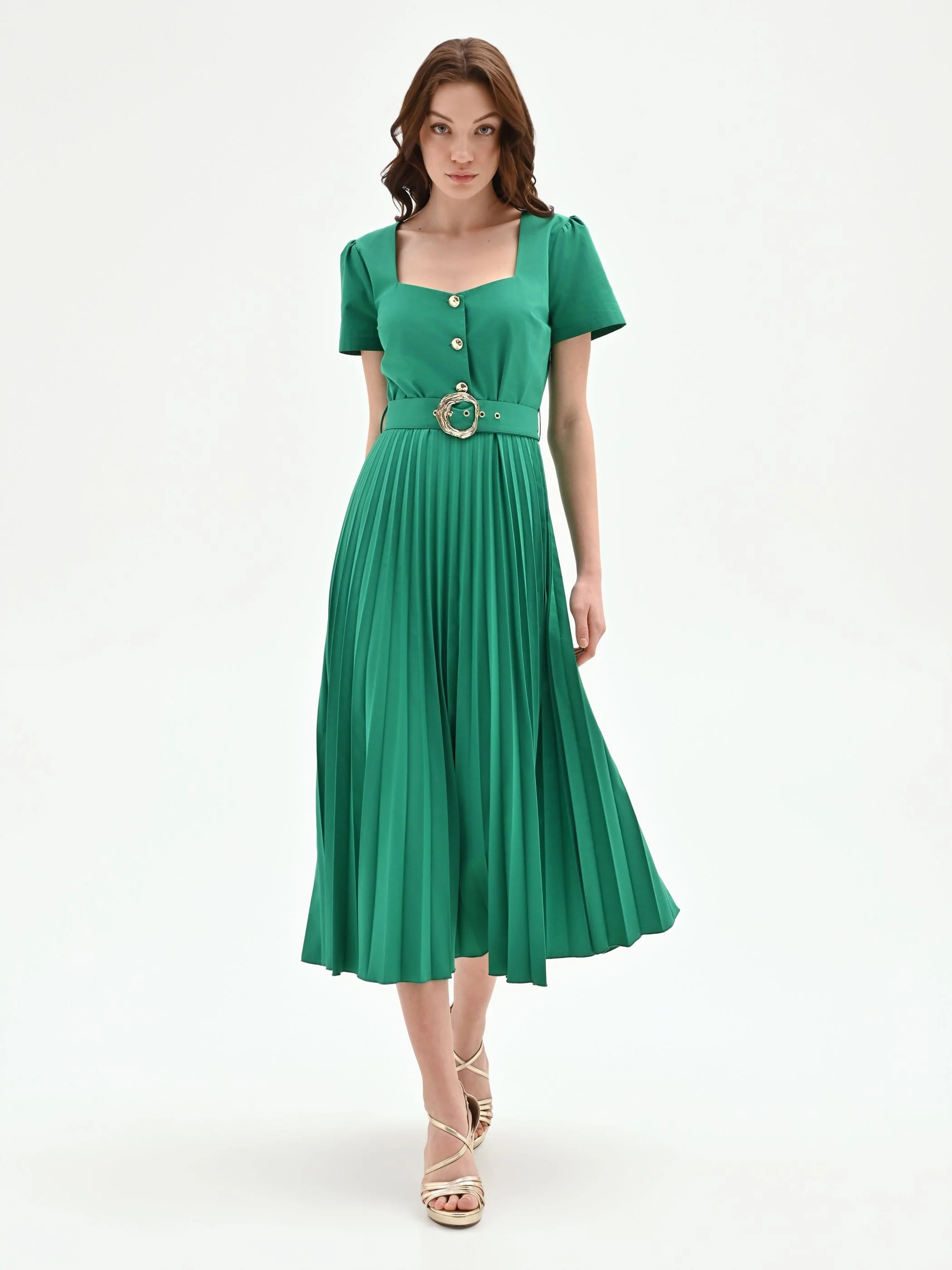 Abito midi verde con gonna plissé - Image 3
