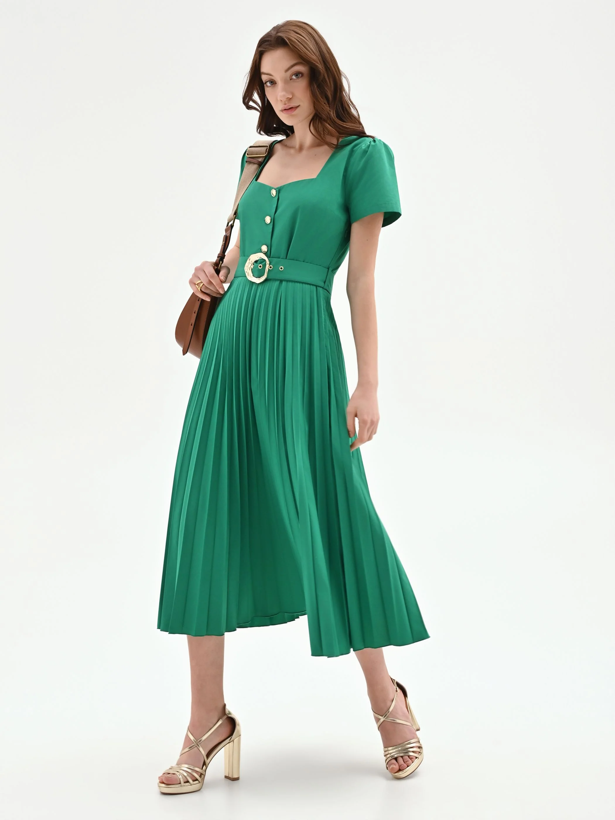 Abito midi verde con gonna plissé - Image 5