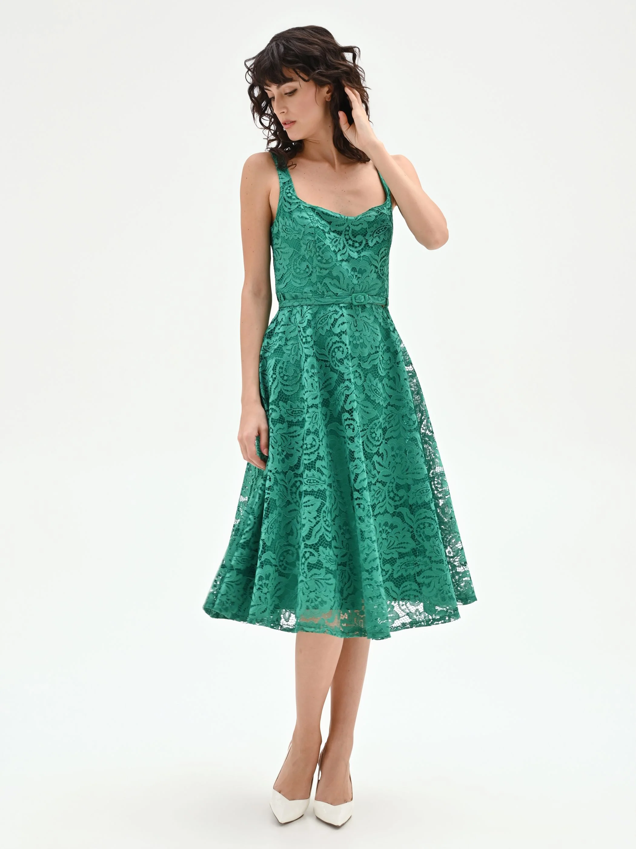 Abito midi verde prato in pizzo macramé - Image 4