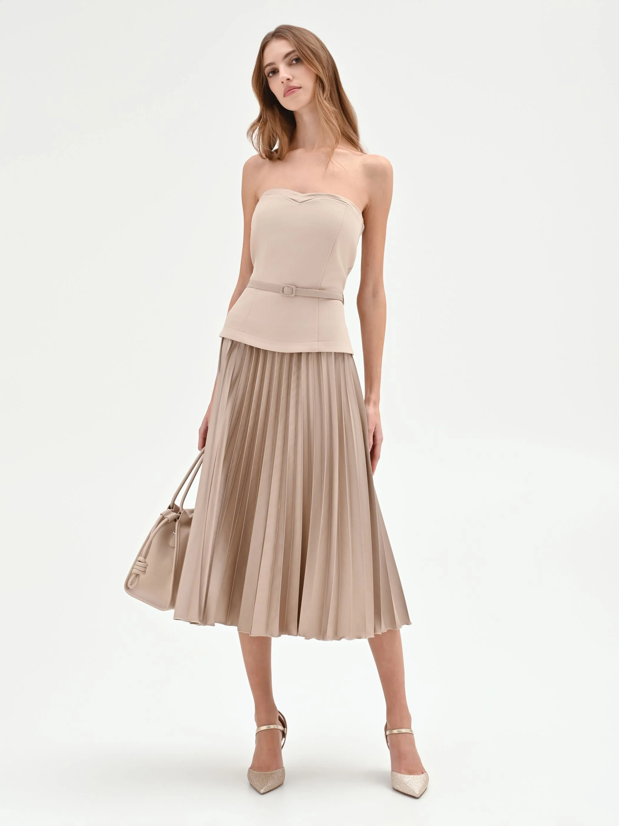 Abito tortora con top bustier e gonna plissé - Image 5