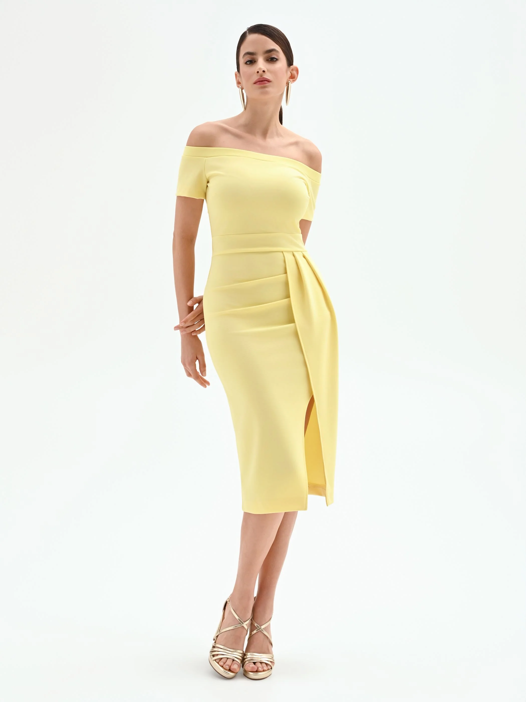 Abito tubino midi giallo chiaro off the shoulders - Image 4