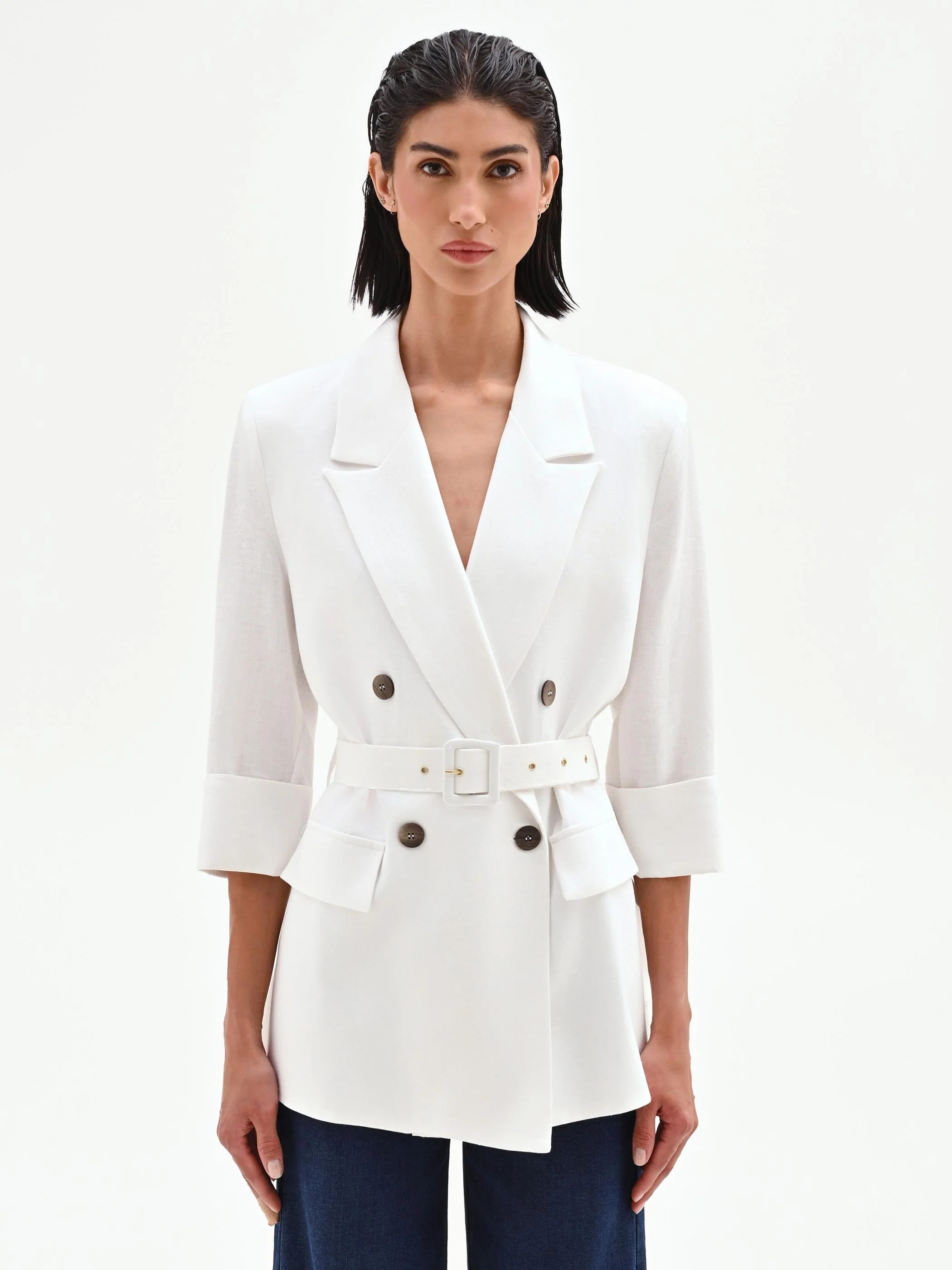 Blazer doppiopetto panna in lino con cintura - Image 2