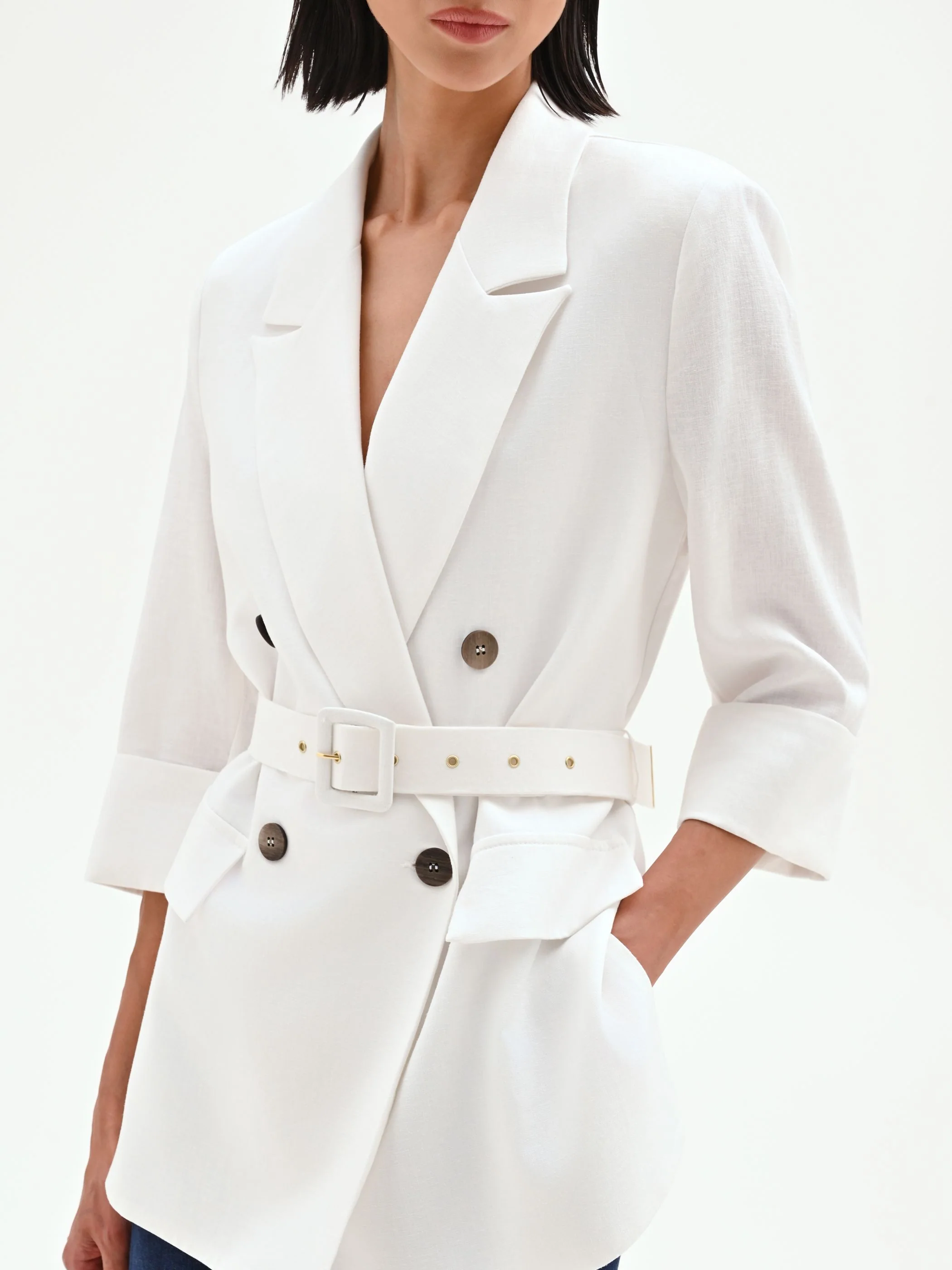 Blazer doppiopetto panna in lino con cintura - Image 4