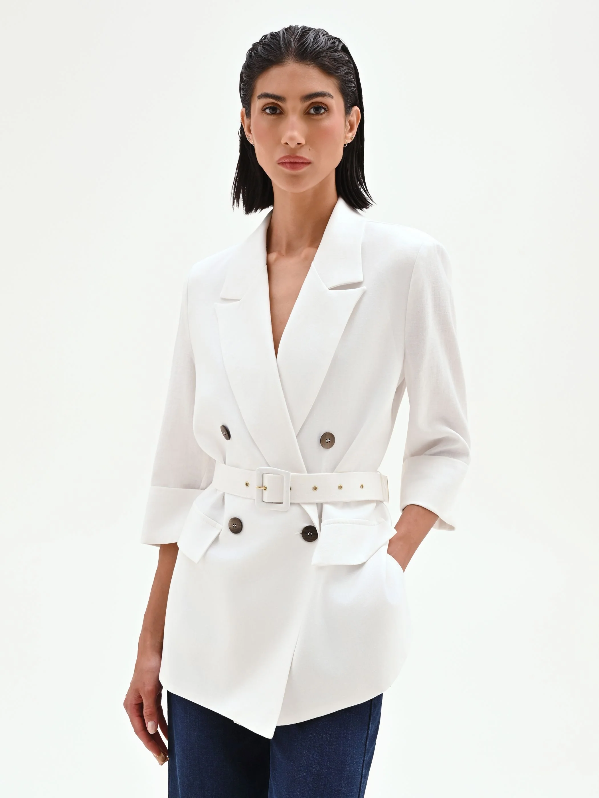 Blazer doppiopetto panna in lino con cintura - Image 5