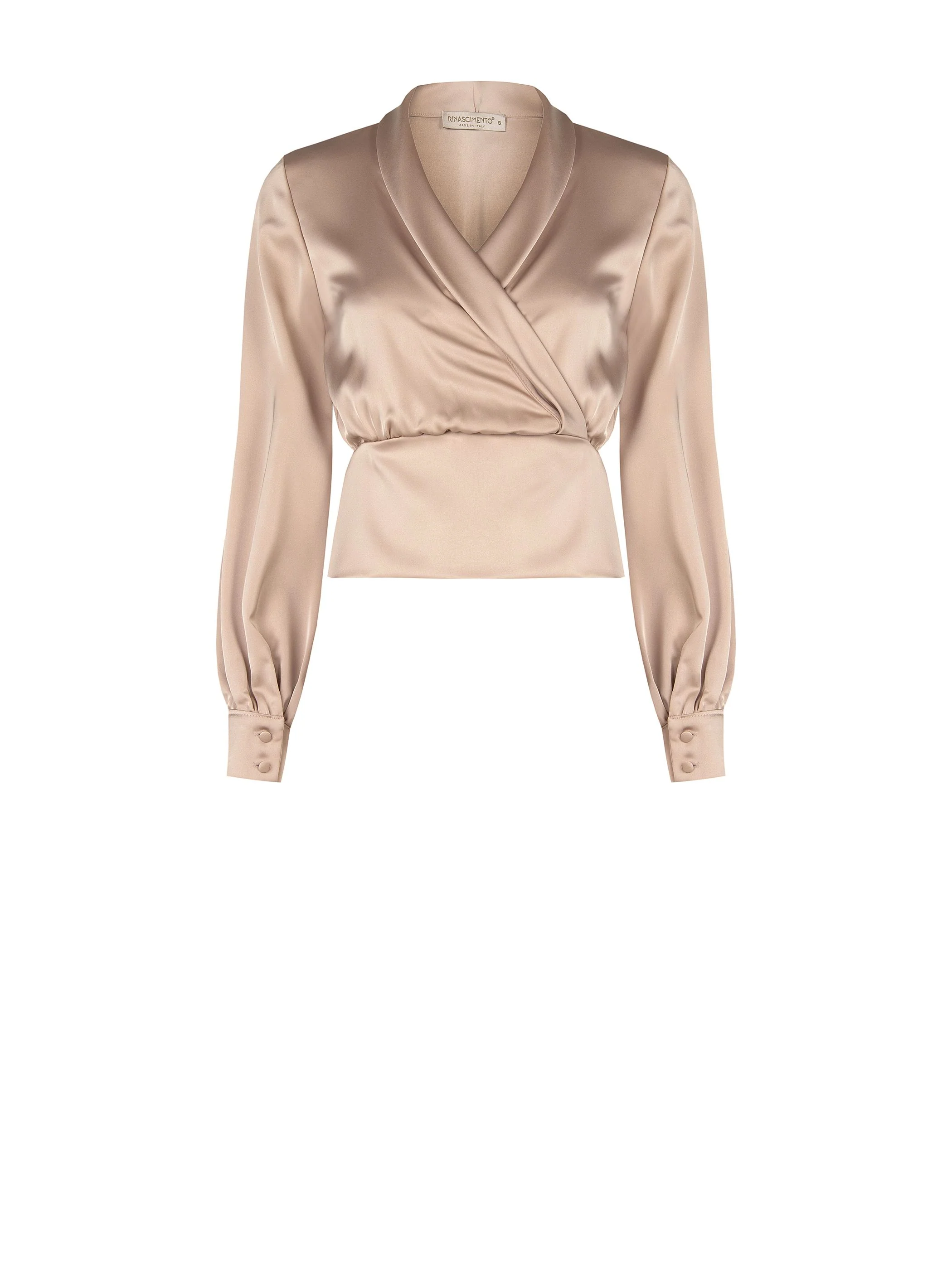 Blusa a portafoglio in raso tortora beige - Image 6