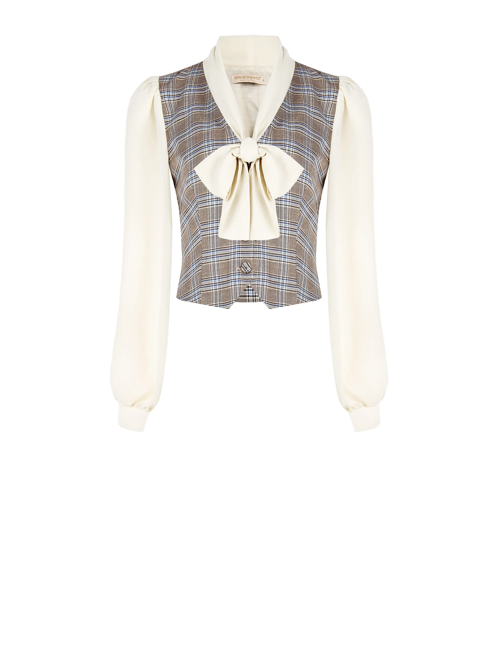 Blusa azzurra check con gilet e collo lavallière - Image 6