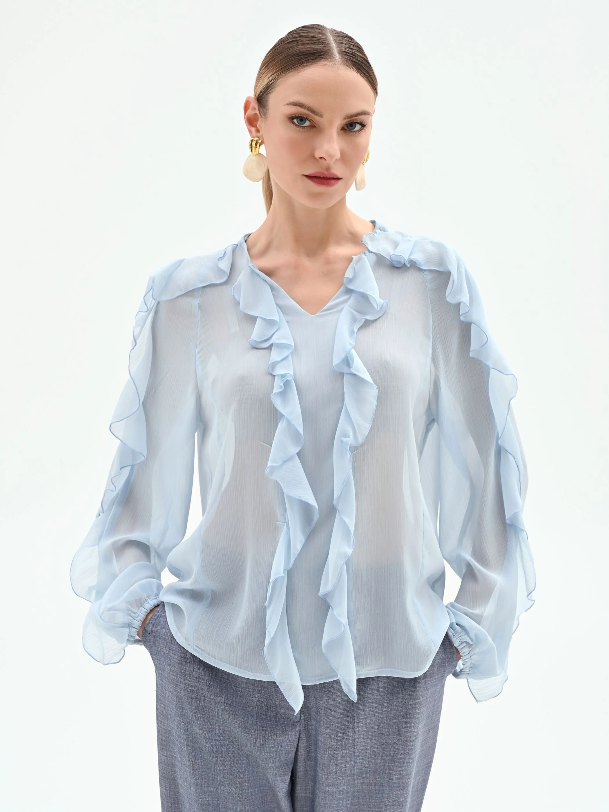 Blusa azzurro cielo con rouches - Image 5