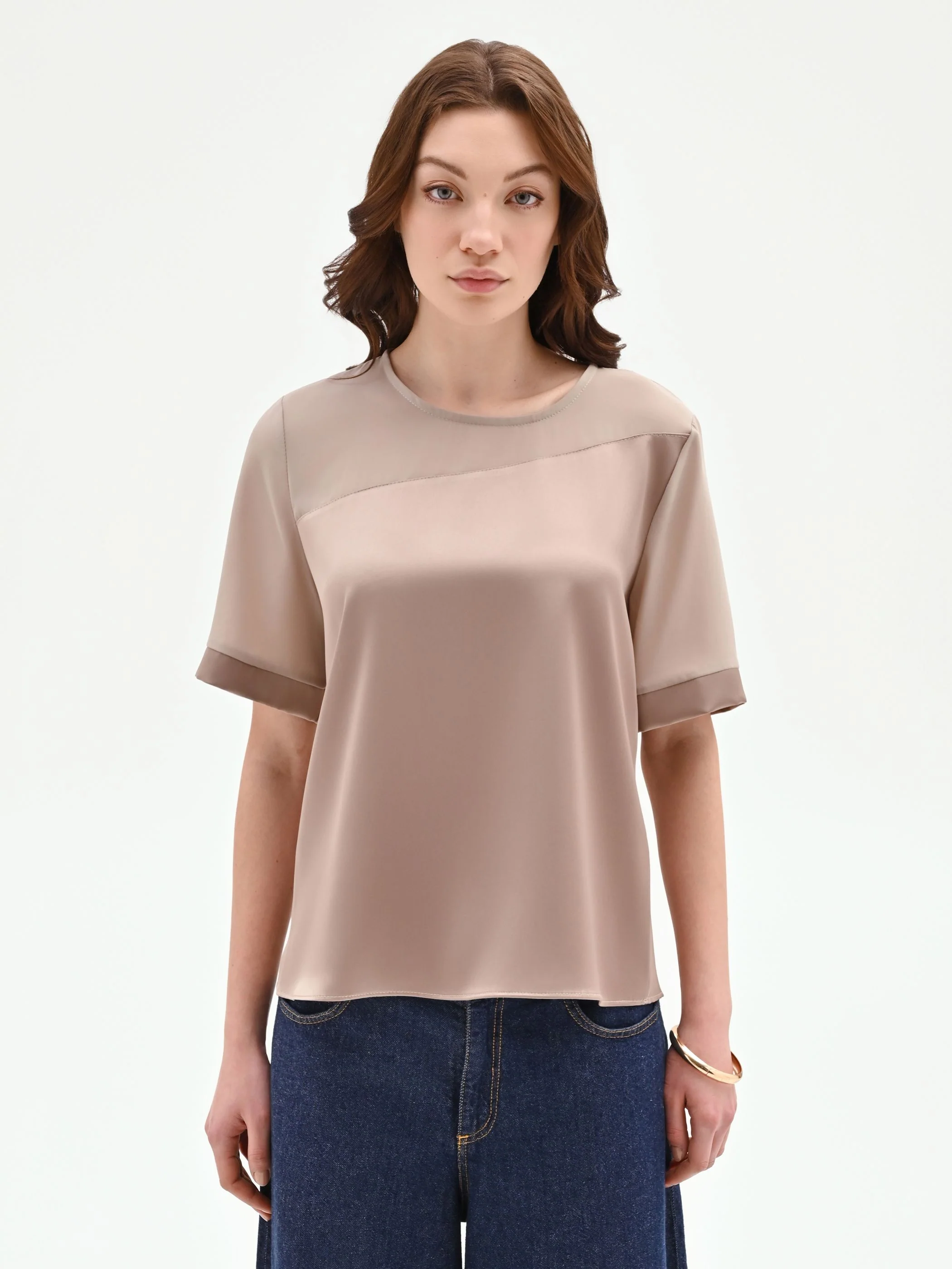 Blusa bimateriale tortora beige - Image 2
