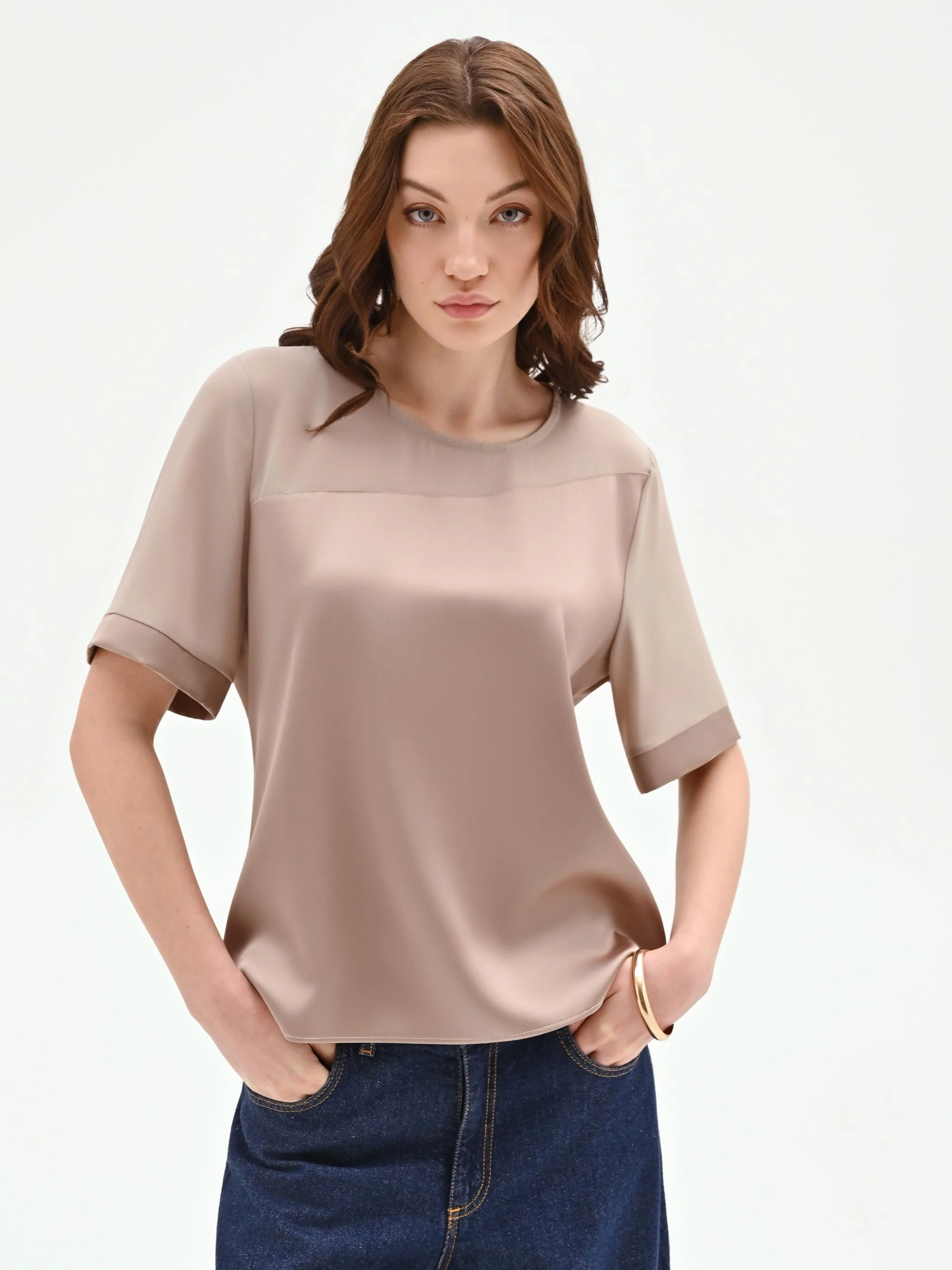 Blusa bimateriale tortora beige - Image 5