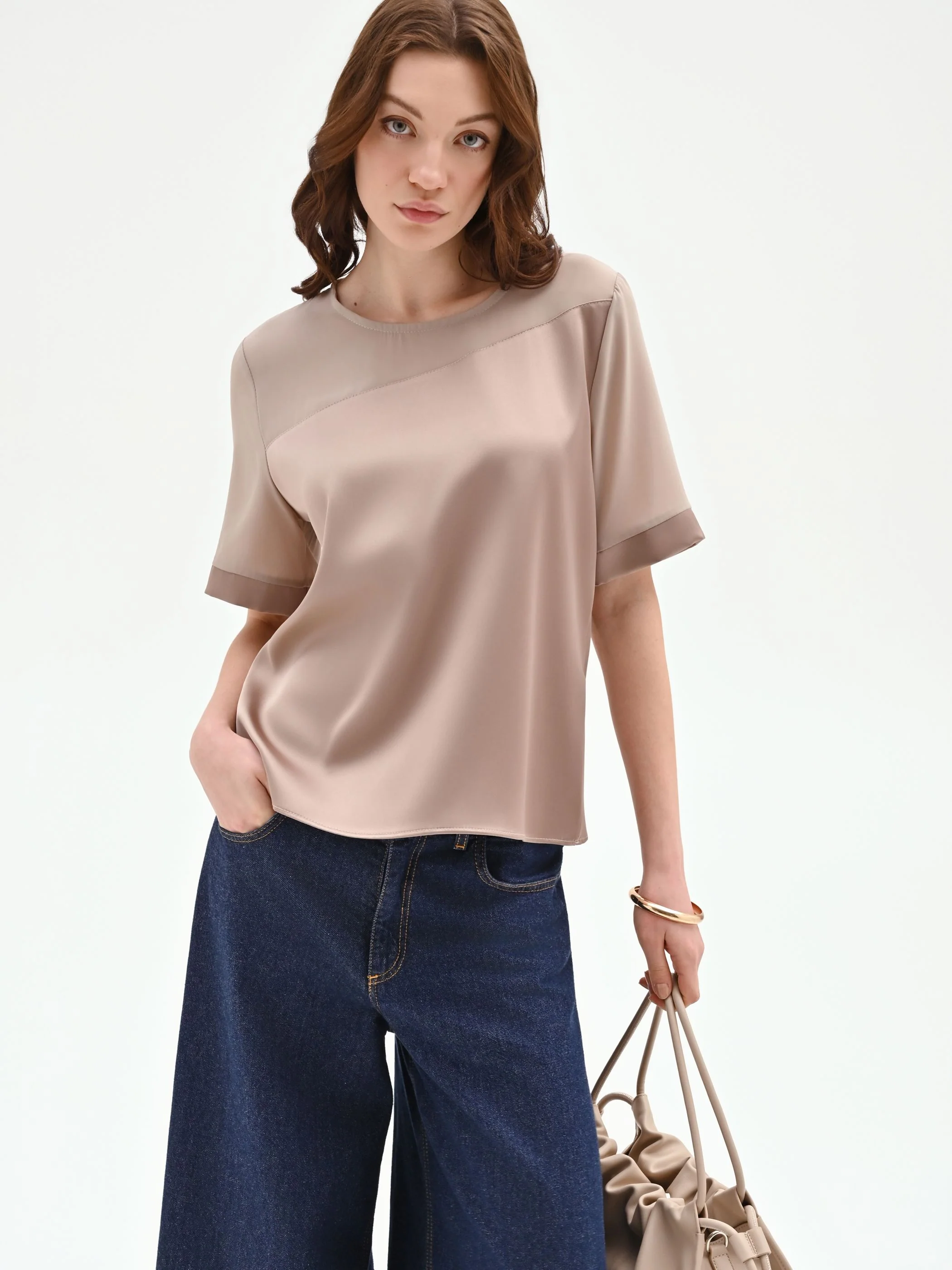 Blusa bimateriale tortora beige - Image 6