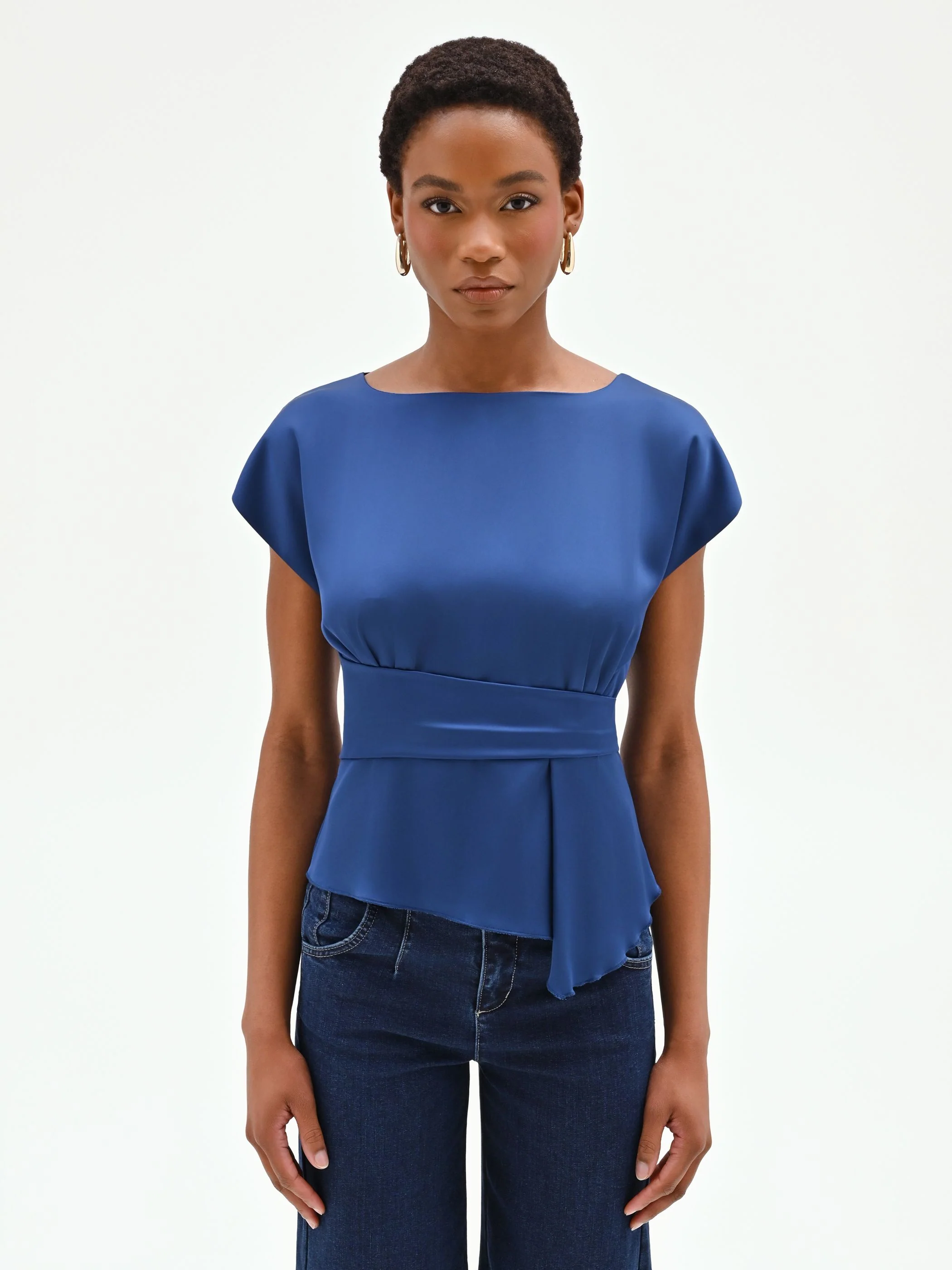 Blusa blu brillante con drappeggio in vita - Image 2