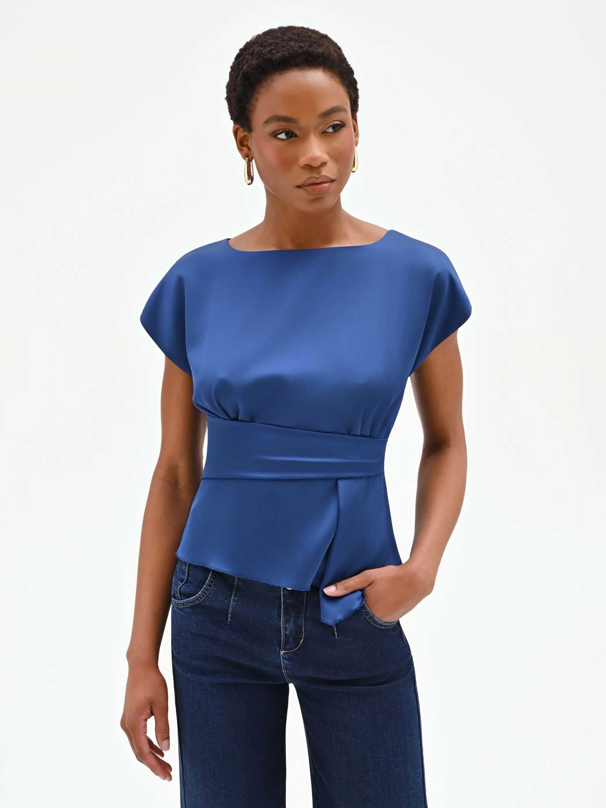 Blusa blu brillante con drappeggio in vita - Image 5